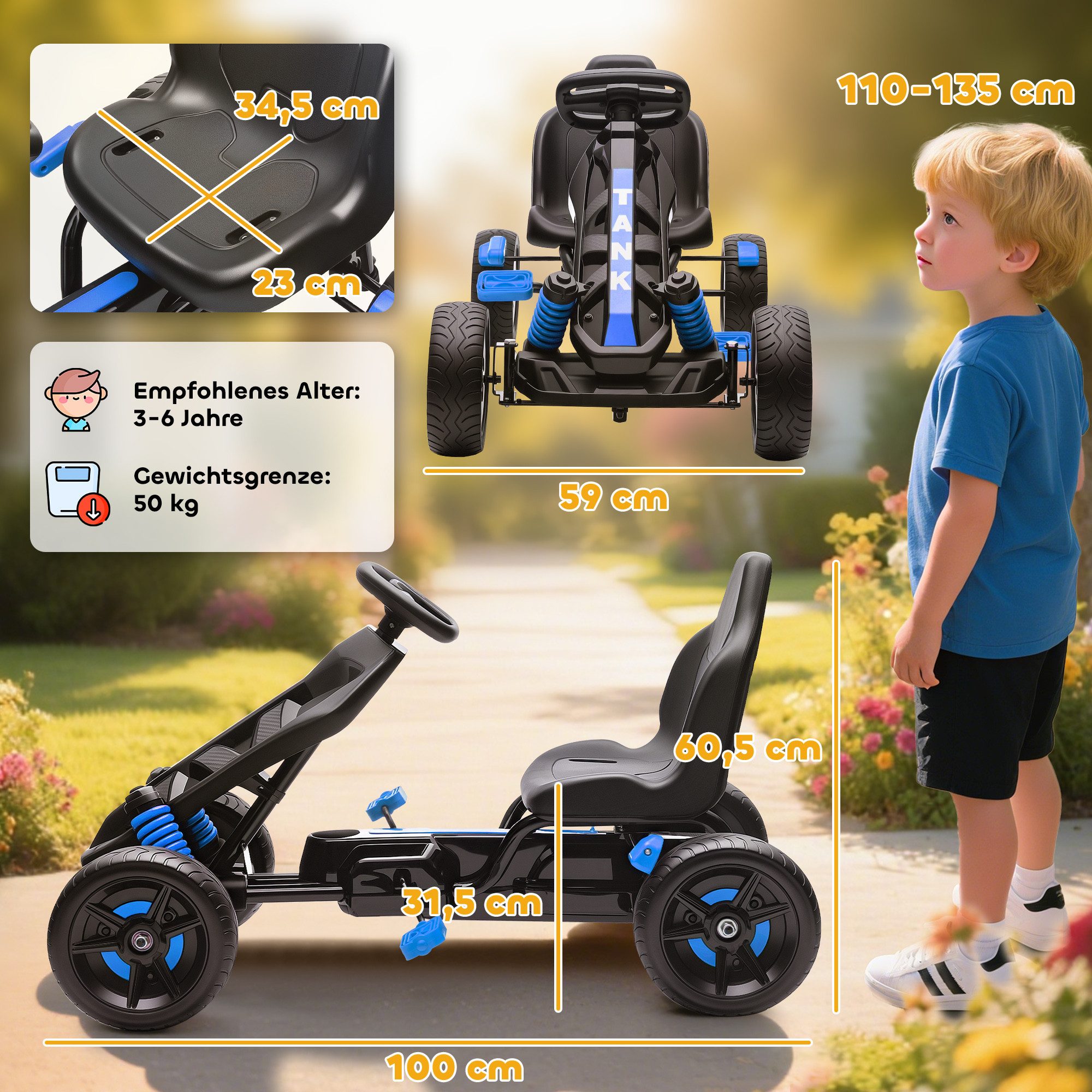 AIYAPLAY Go-Kart mit Handbremse, Automatisches Kupplungssystem, Vor- und Rückwärtsgang, für Kinder 3-6 Jahren Blau