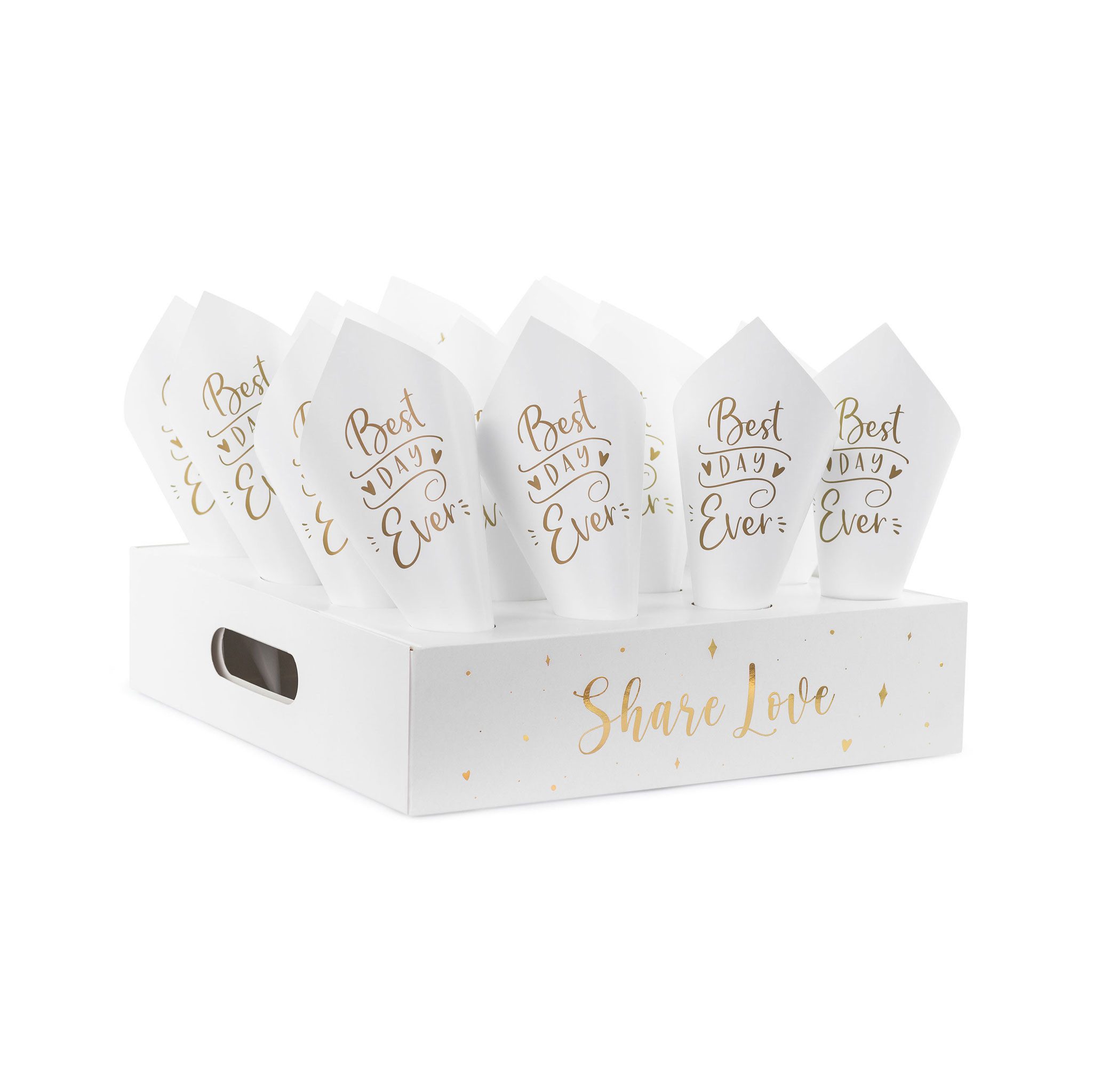 partydeco Papierspitztüten, Konfetti Tüten für Hochzeit 16 Stück mit Halter Box Weiß / Gold