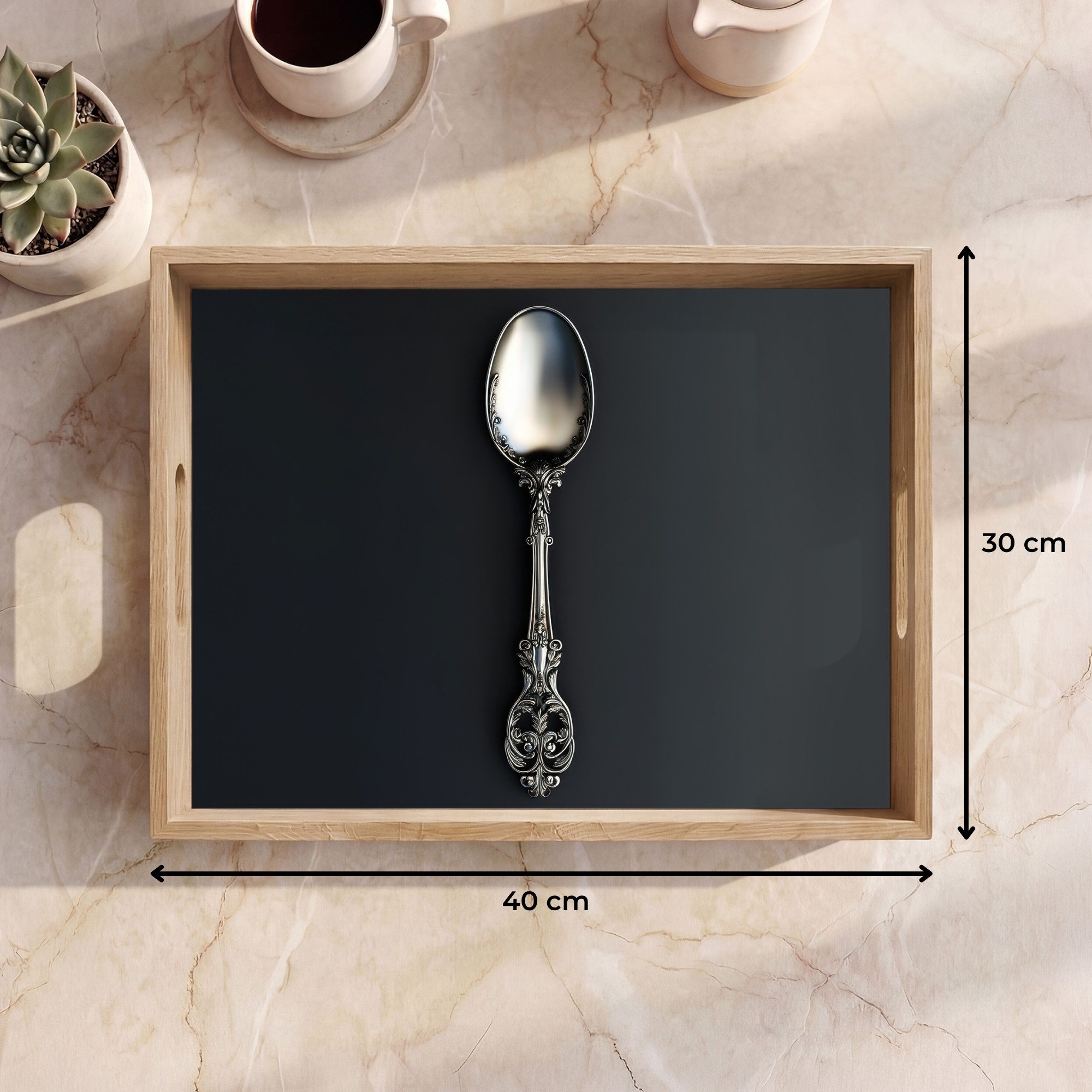 OnlyWow Tablett Rechteckig mit Henkel Löffel - Silber - Metall, Eichenholz, (1-tlg), Siervierplatte, Tray, Frühstücksbrett