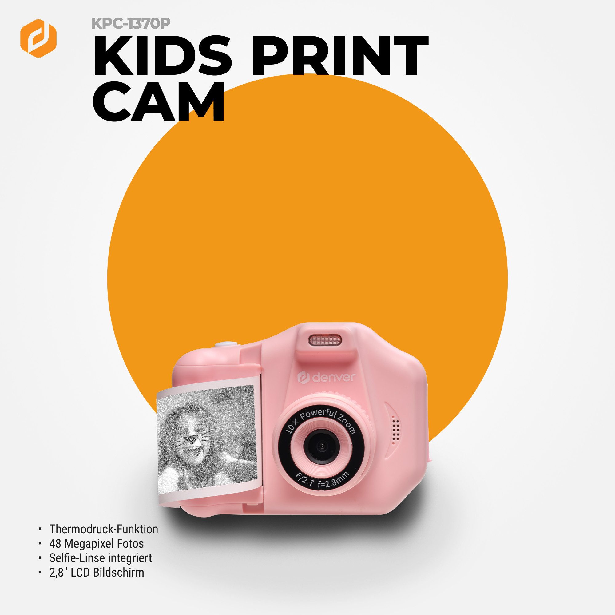Denver KPC-1370P Kinderkamera (0 MP, Thermodruck, 3 Papierrollen inkl., Selfie-Linse, 10× Digitalzoom)