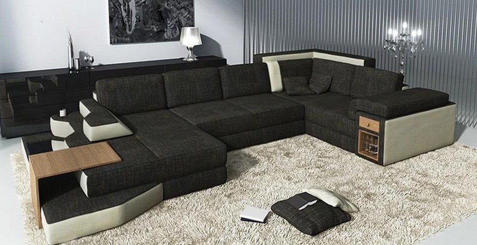 Xlmoebel Wohnlandschaft XXL U-Form Sofa in Schwarz mit USB-Anschluss und hochwertigem Stoff, Wohnlandschaft 3 Teile, Made in Europa