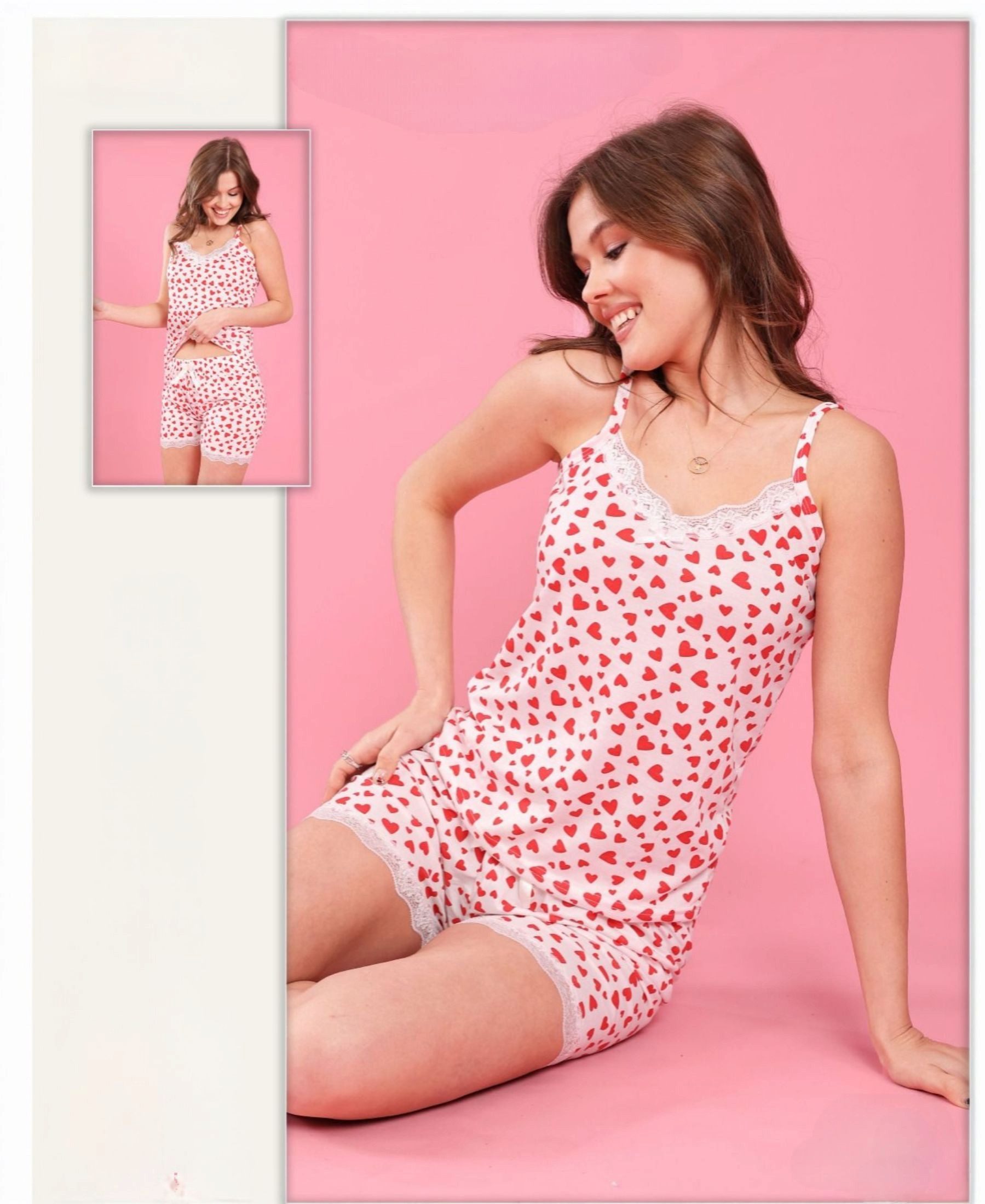 fashionshowcase Pyjama Damen Hausanzug Viskose Schlafanzug mit Shorts & Top Herz-Print (2 tlg., 2-teiliges) Leichtes & atmungsaktives Material, romantisches Des – Bild 2 von 3