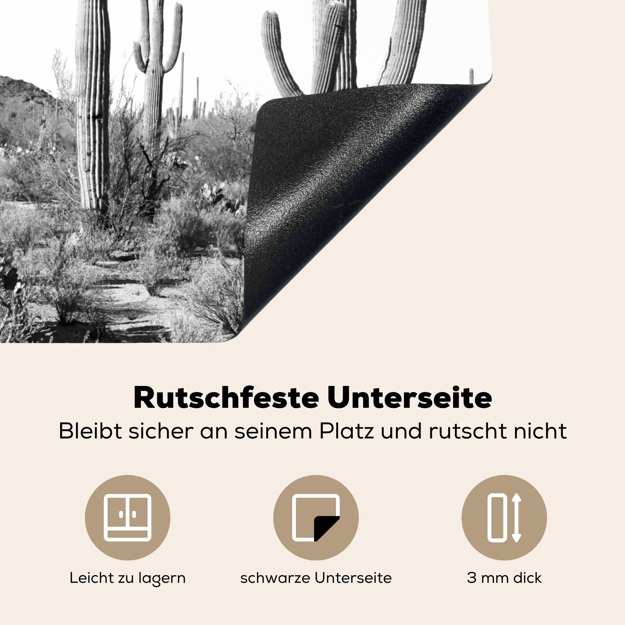 MuchoWow Herdblende-/Abdeckplatte Kakteen - Schwarz nutzbar, und Vinyl, Landschaft, cm, 60x52 - Natur Ceranfeldabdeckung Arbeitsfläche tlg), (1 Mobile - weiß