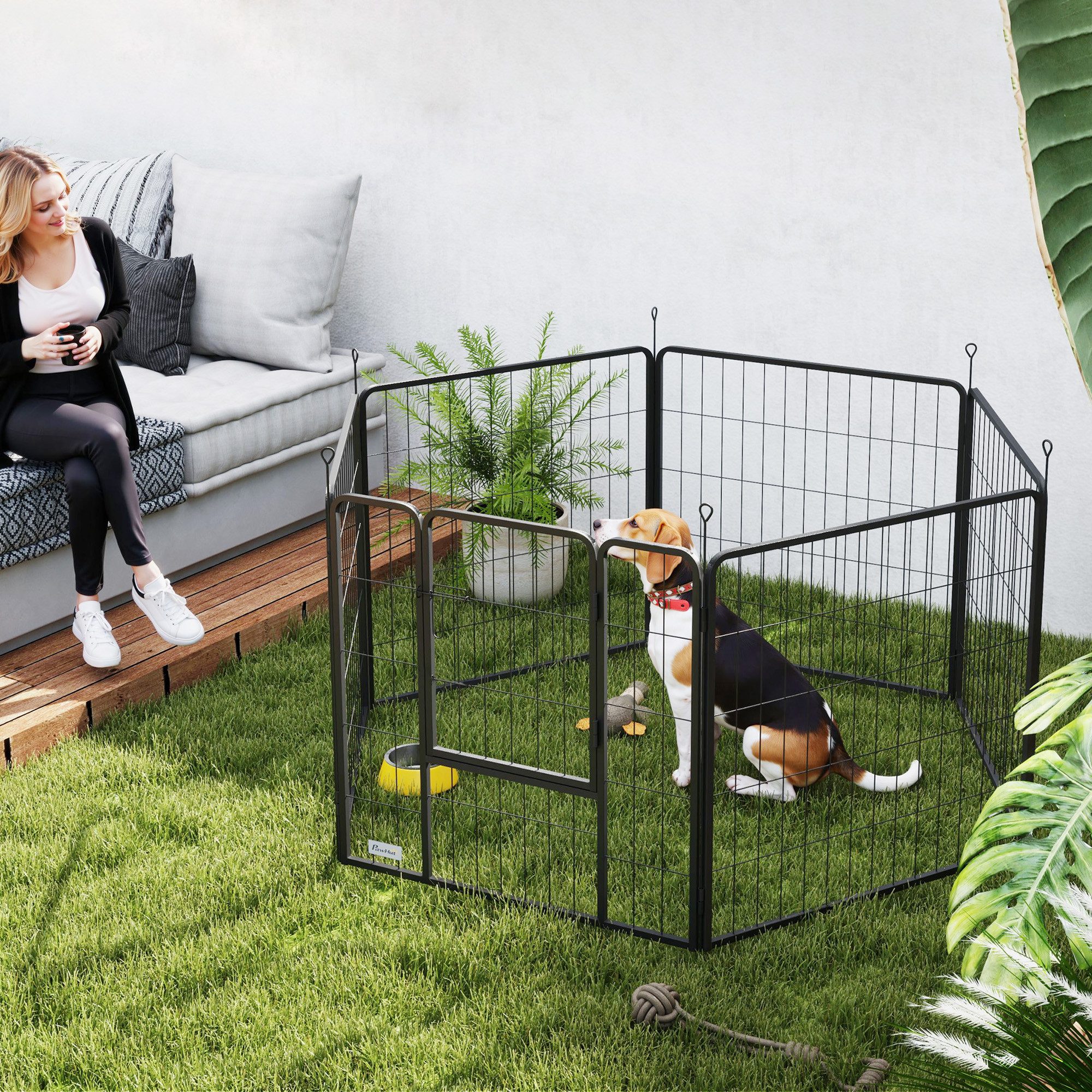 PawHut Freigehege Welpenauslauf 80 cm Hoch, 6-TLG. Hundelaufstall DIY Welpenlaufstall, mit Tür, für kleine bis mittelgroße Hunde, Stahl, Grau