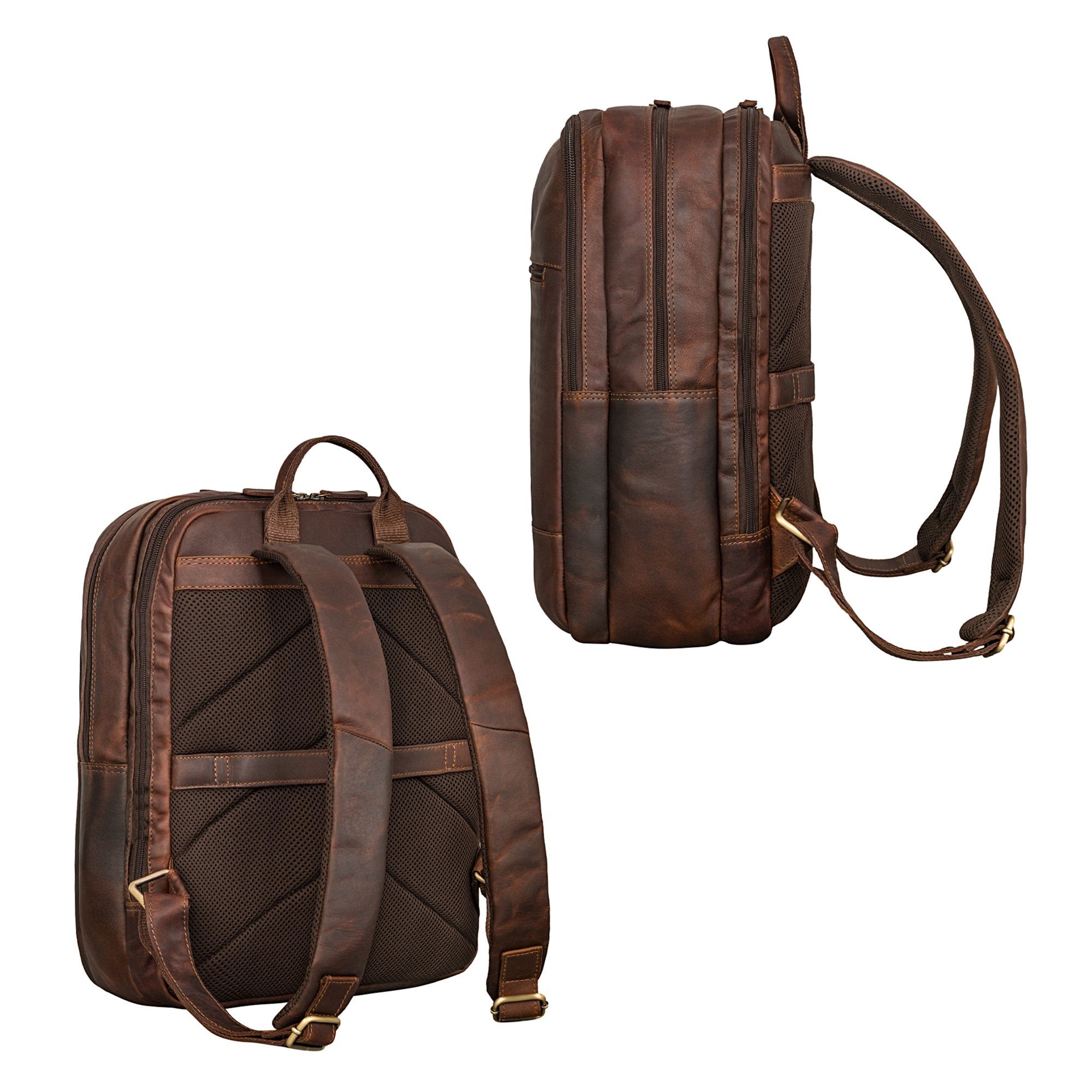 mit Laptopfach "Norbert" cognac STILORD - Rucksack Großer dunkelbraun Zoll Notebook-Rucksack Leder 15,6