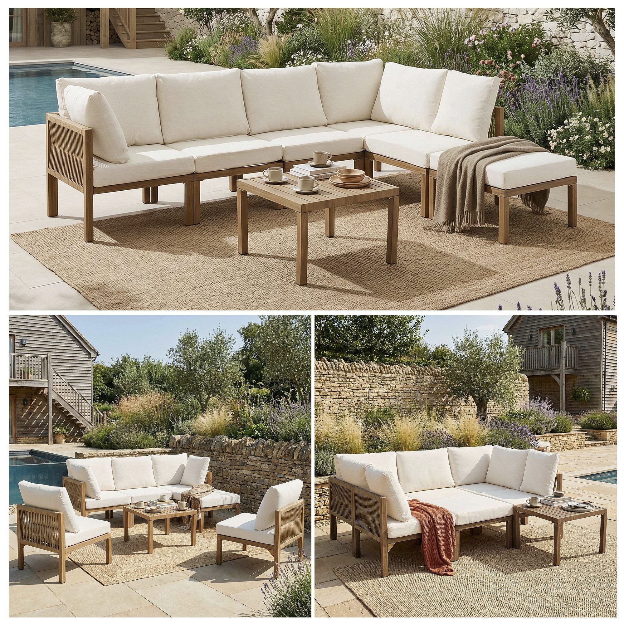 Merax Gartenlounge-Set für 6 Personen, Modulares Ecksofa & Outdoor-Liegebett,Garten-Essgruppe, (7-tlg), Gartenmöbel mit handgeflochtenen Armlehnen & verzinkten Eisenrahmen