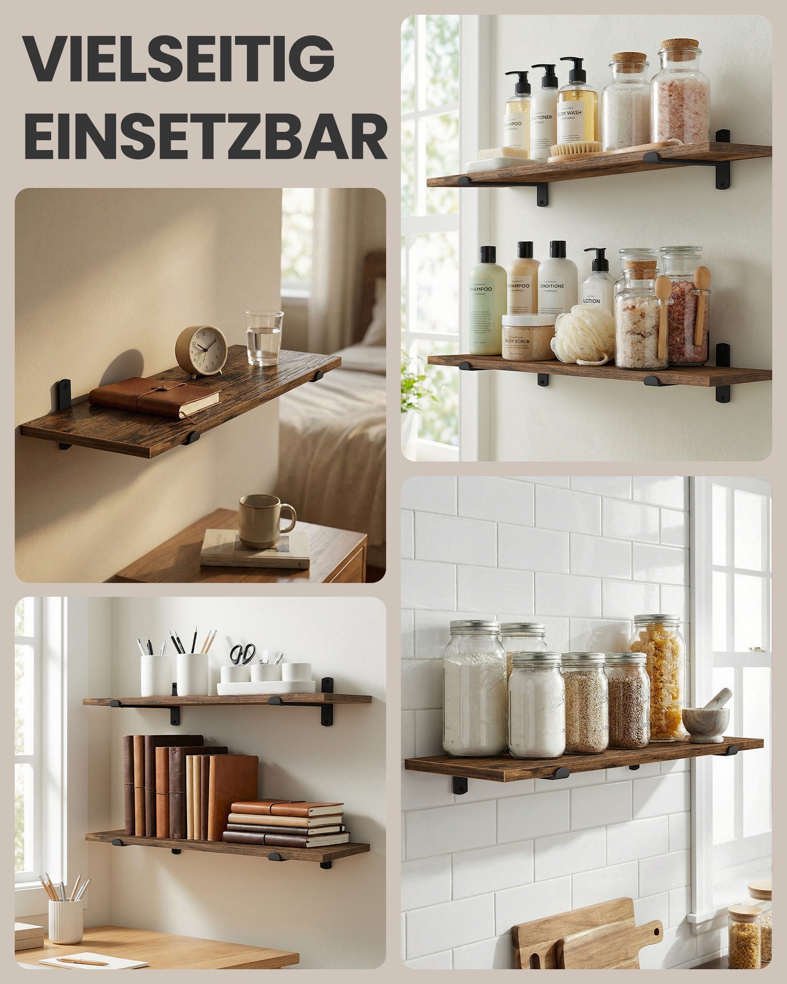 VASAGLE Wandregal, 1-tlg., schwimmend, dekorativ, Retro-Stil, maximale Belastung 15 kg, 60cm