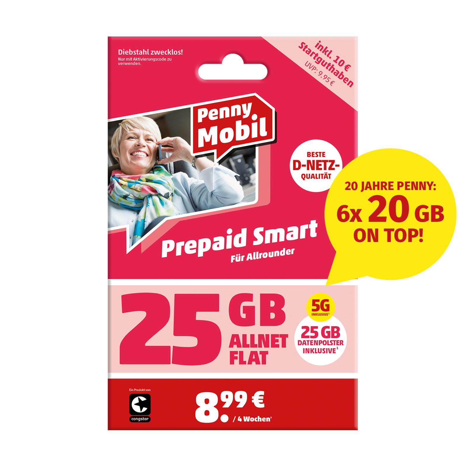 Penny Mobil Prepaid Smart Simkarte mit 10 € Startguthaben Prepaidkarte, (EU-Roaming inkl. CH, 10 € Startguthaben)