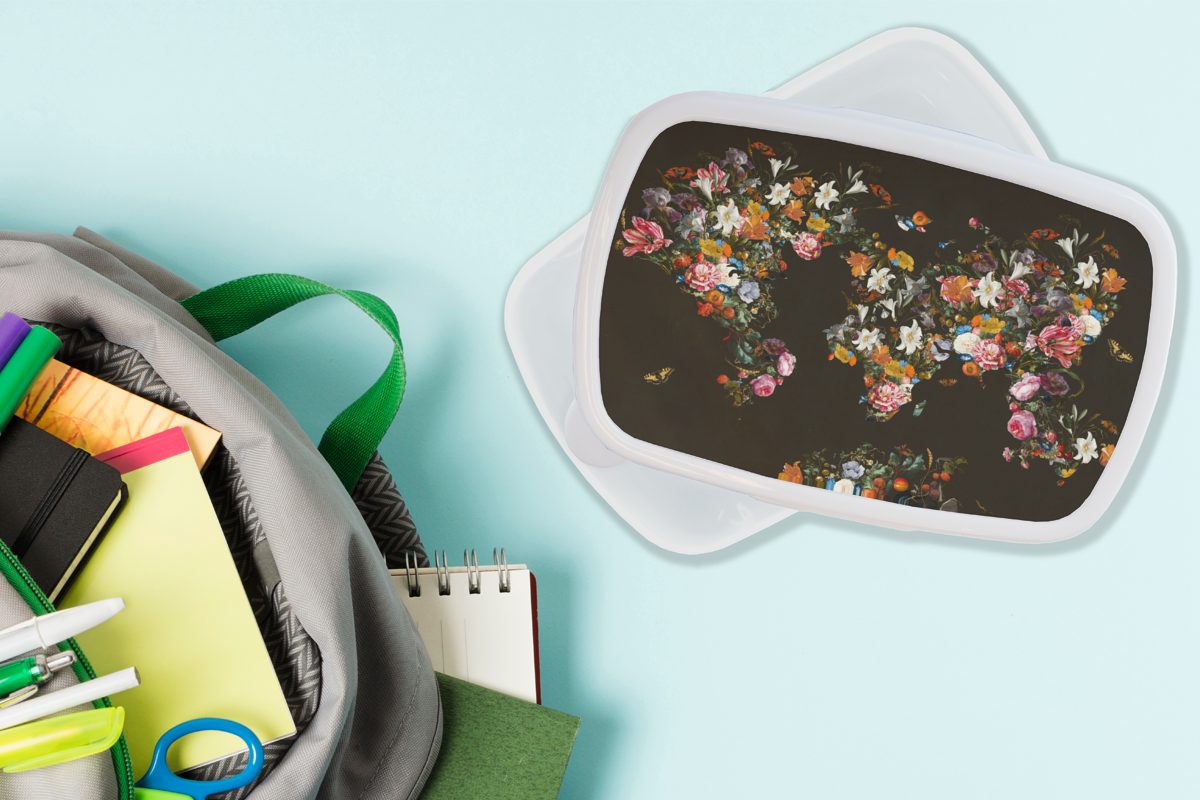 Kinder MuchoWow Blumen und für Weltkarte Lunchbox weiß Schmetterling Brotbox - Brotdose, Schwarz, Mädchen für (2-tlg), Kunststoff, - - Jungs und Erwachsene,