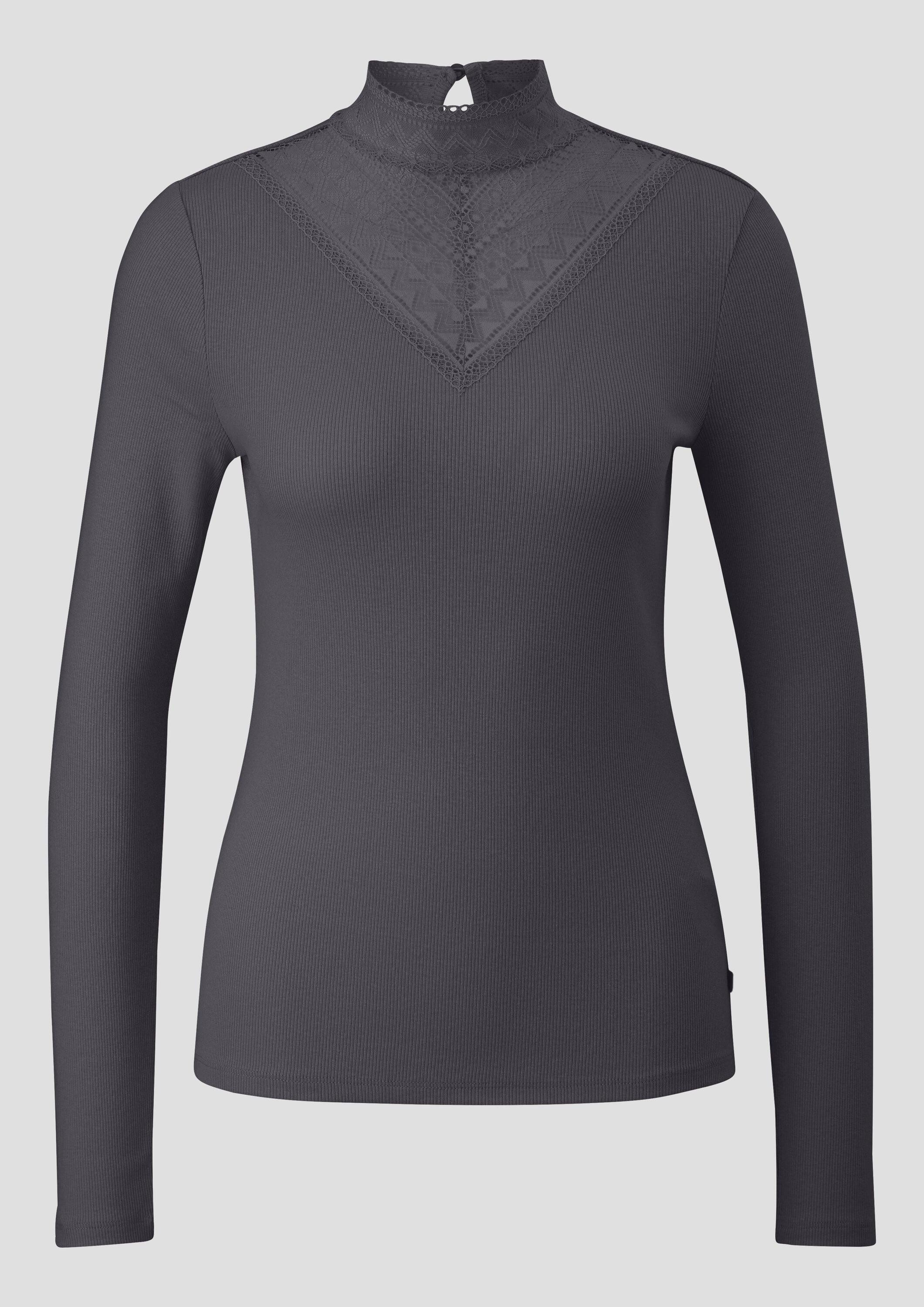 QS Langarmshirt T-Shirt Rippshirt mit Spitzeneinsatz und Stehkragen