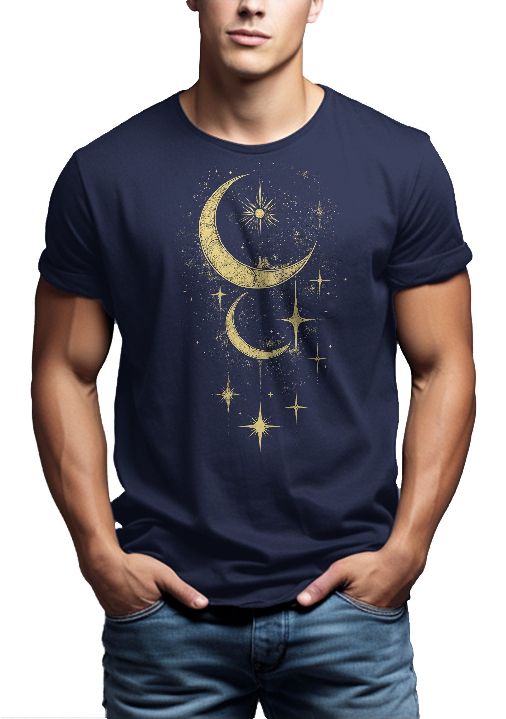 MAKAYA Kurzarmshirt Herren Sonne Mond Sterne Astronomie T-Shirt für Männer (Schwarz, Blau, Grau, Blaugrau, Grün, Lila, S, M, L, XL, XXL, 3XL, 4XL, 5XL) Baumwolle