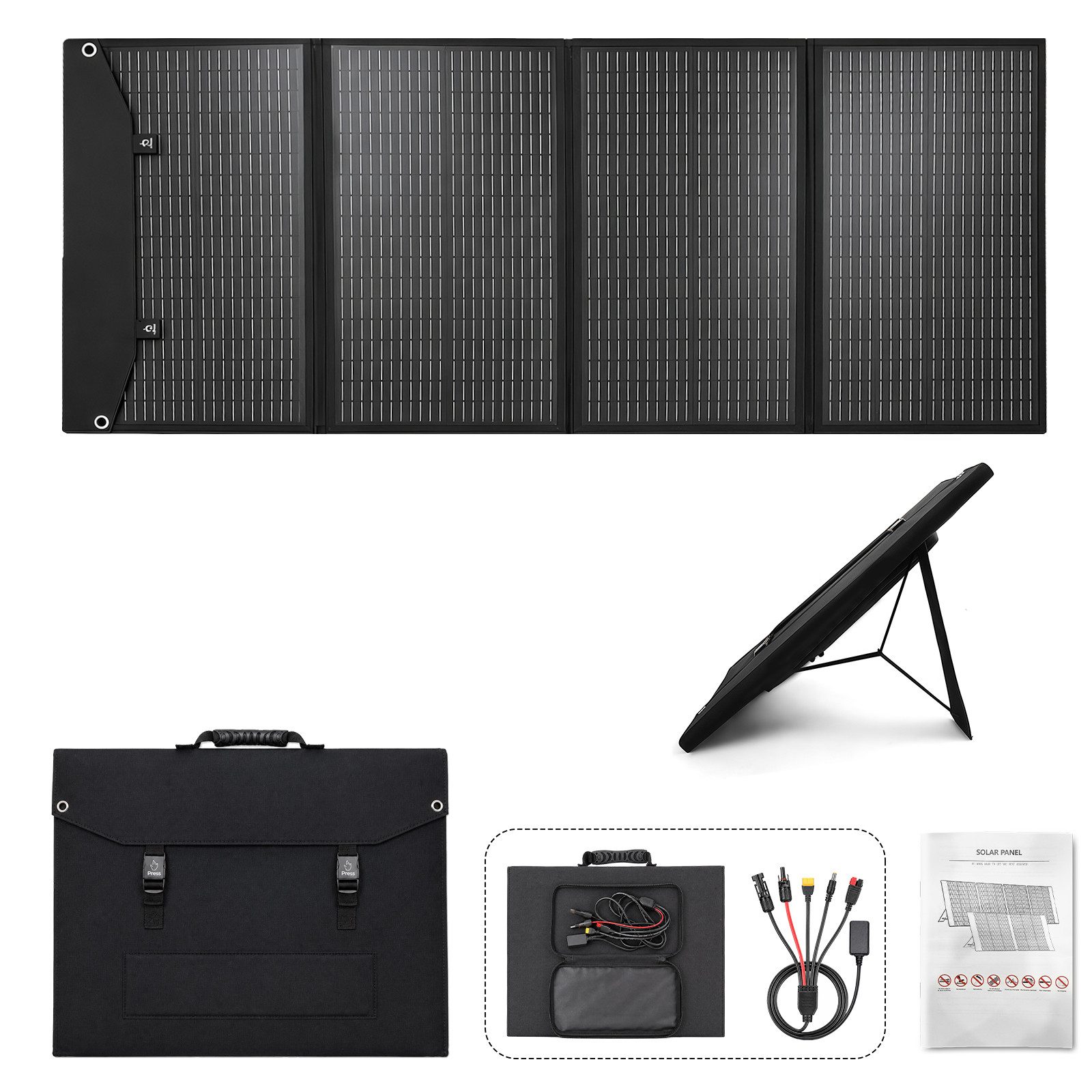 Rhein Beleuchtung Solarmodul Faltbares Solarpanel 200W 18V mit 4-in-1 Ladekabel, 200 W, Monokristallines Silizium, (Set, 1-St., Für Powerstation, Wohnmobil, Camping, Offgrid & Notstrom), Monokristallin, IPX4, faltbar, hohe Effizienz, tragbar