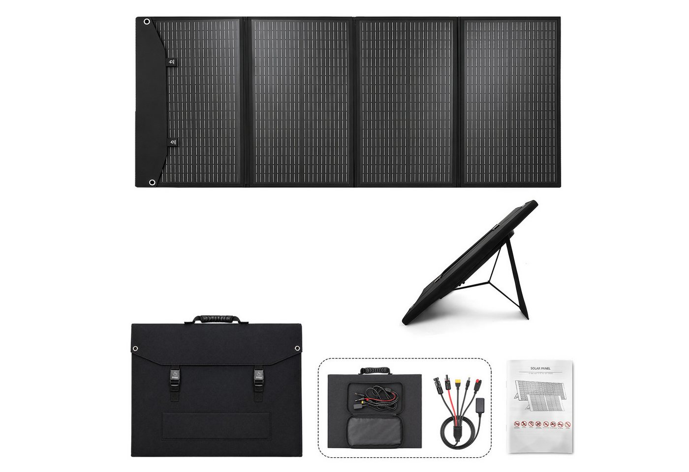 Rhein Beleuchtung Solarmodul Faltbares Solarpanel 200W 18V mit 4-in-1 Ladekabel, 200 W, Monokristallines Silizium, (Set, 1-St., Für Powerstation, Wohnmobil, Camping, Offgrid & Notstrom), Monokristallin, IPX4, faltbar, hohe Effizienz, tragbar