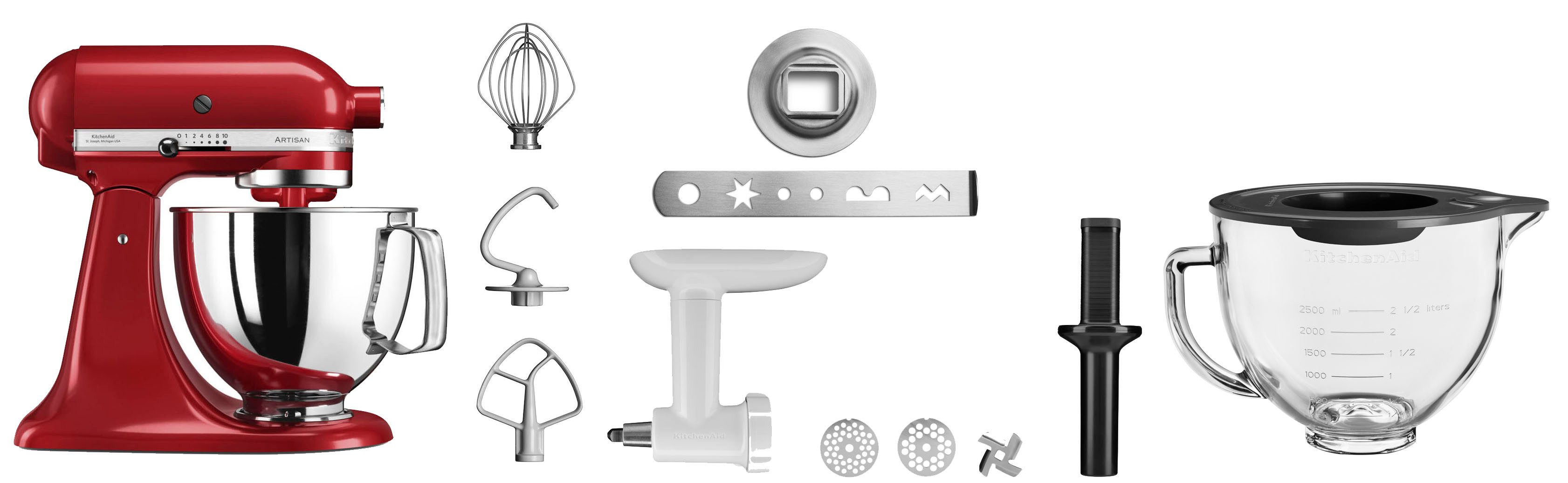 KitchenAid Küchenmaschine 5KSM125EER Empire rot, 300 W, 4,8 l Schüssel, Gratis Fleischwolf, Schüssel, Spritzgebäckvorsatz (Wert: ca.238,- UVP)