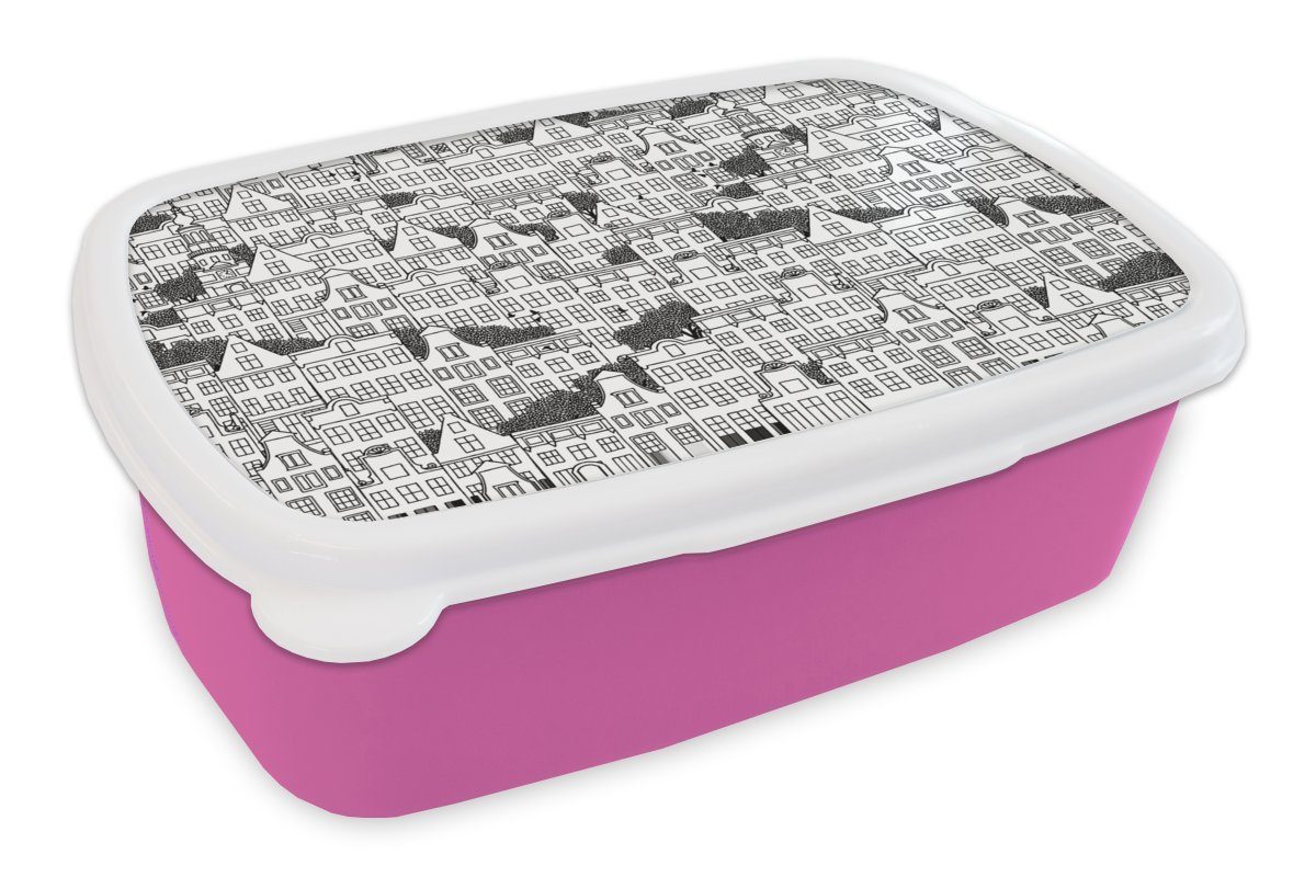 Grachtenhaus Kunststoff für Mädchen, Kinder, (2-tlg), Brotdose Erwachsene, - Brotbox Lunchbox Amsterdam Snackbox, MuchoWow Kunststoff, - Zentangle, rosa
