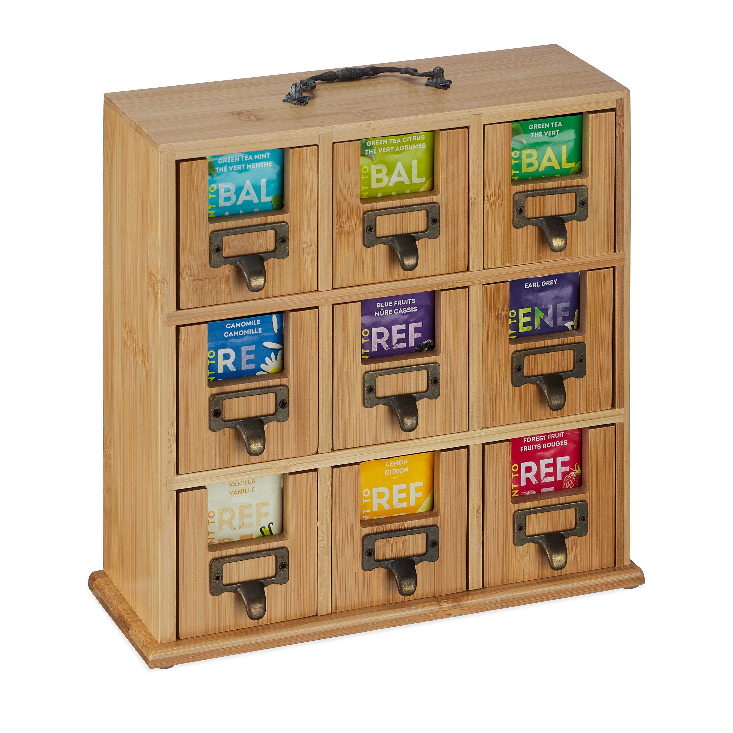 relaxdays Teebox Bambus Tee-Organizer mit 9 Fächern, Bambus