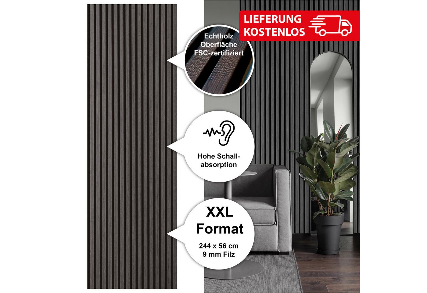 Thumbnail - SONIDO 3D Wandpaneel XXL Akustikpaneele mit FSC®-zertifiziertem Eiche Echtholzfurnier, BxL: 56,00x244,00 cm, 1,36 qm, (P...
