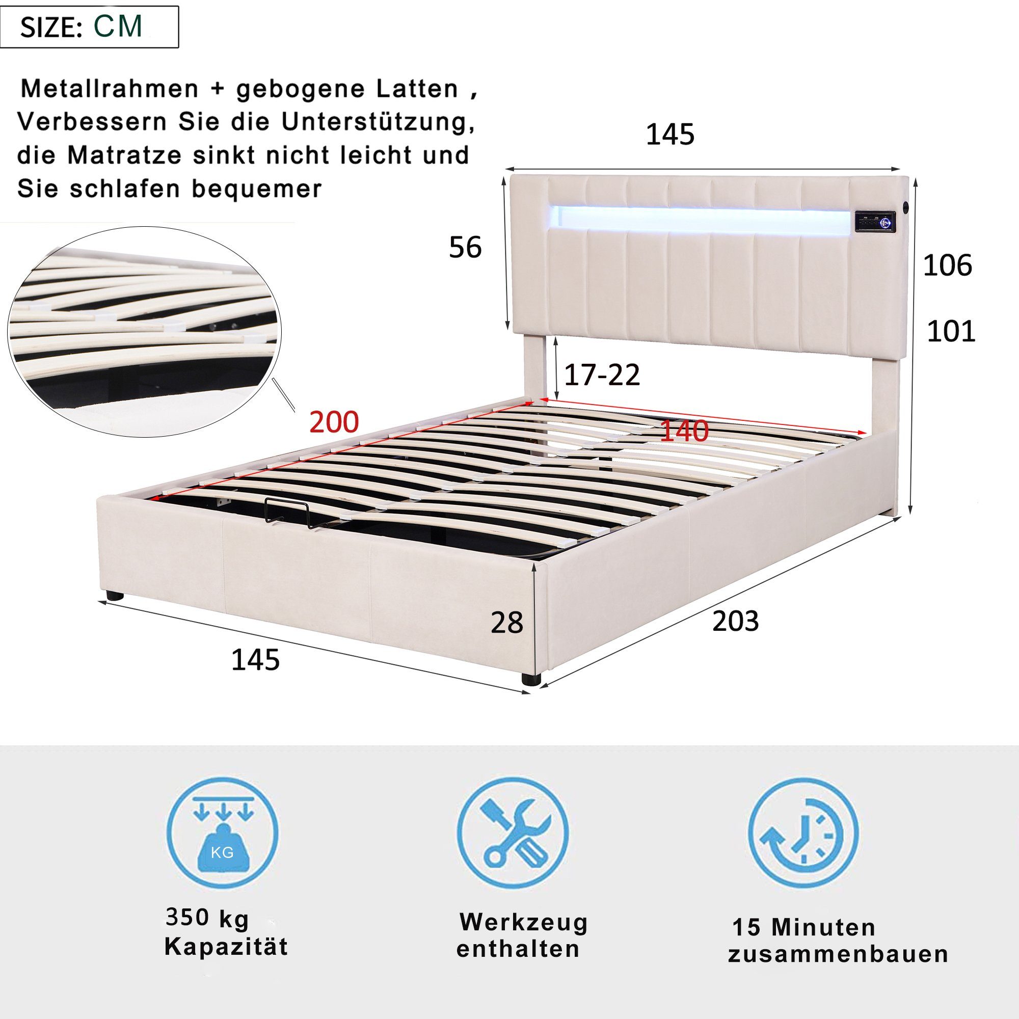 Polsterbett (140x200 cm Doppelbett, mit LED Beleuchtung, Bluetooth-Player und USB-Aufladung), hydraulisches Bett Funktionsbett inkl. Bettkasten und Lattenrost, Samt