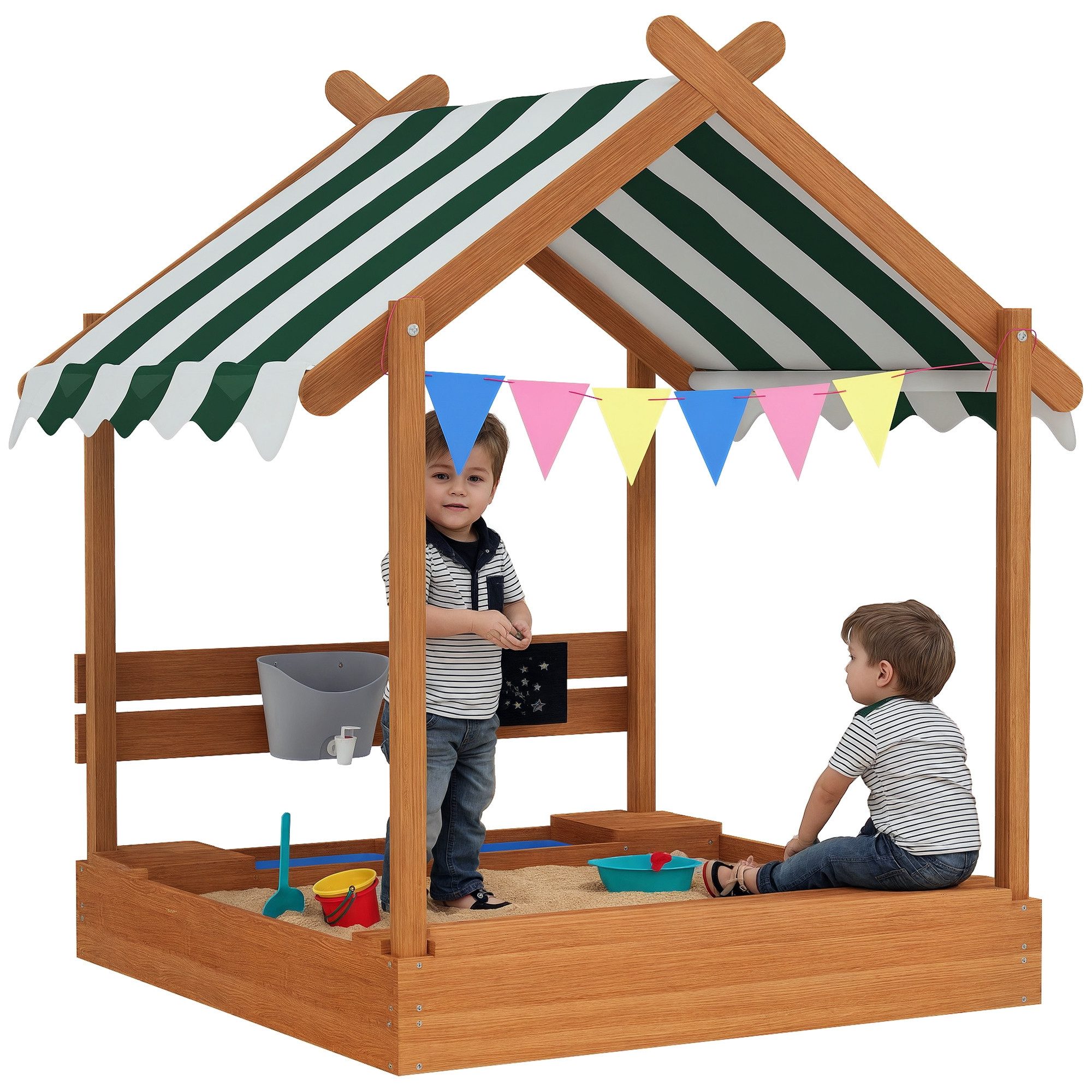 Outsunny Sandkasten Sandkiste aus Holz mit Sitzplatz, (Spielhaus, 1-tlg., Sandbox mit Tafel), für 3-7 Jahre Kinder, 124 x 116 x 146 cm