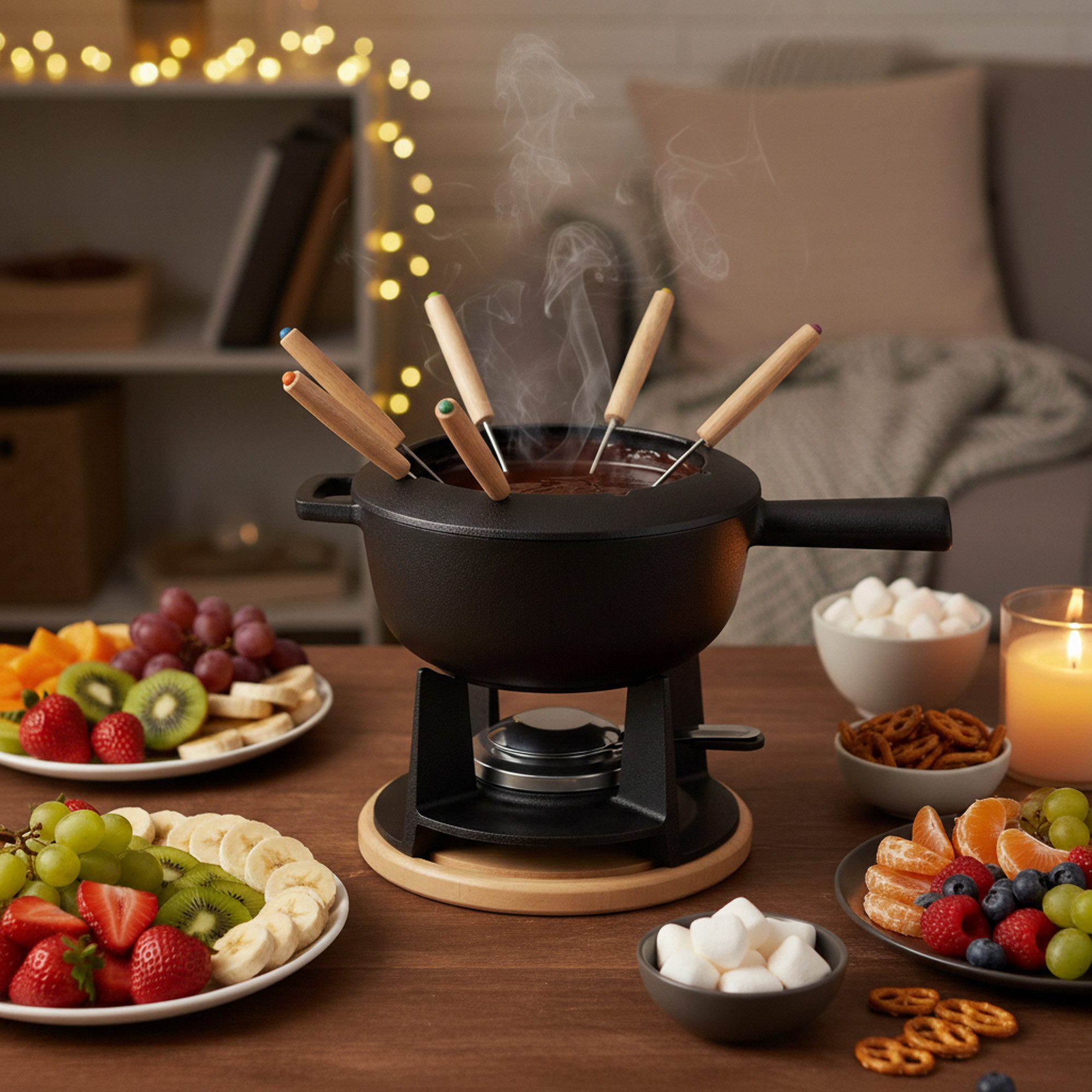 Mahlzeit Fondue 13-tlg. Gusseisen Fondue Set für 6 Personen, 2 L, preseasoned, 6 Fonduegabeln, 2.00 l, für Käsefondue, Schokoladenfondue, Fleischfondue