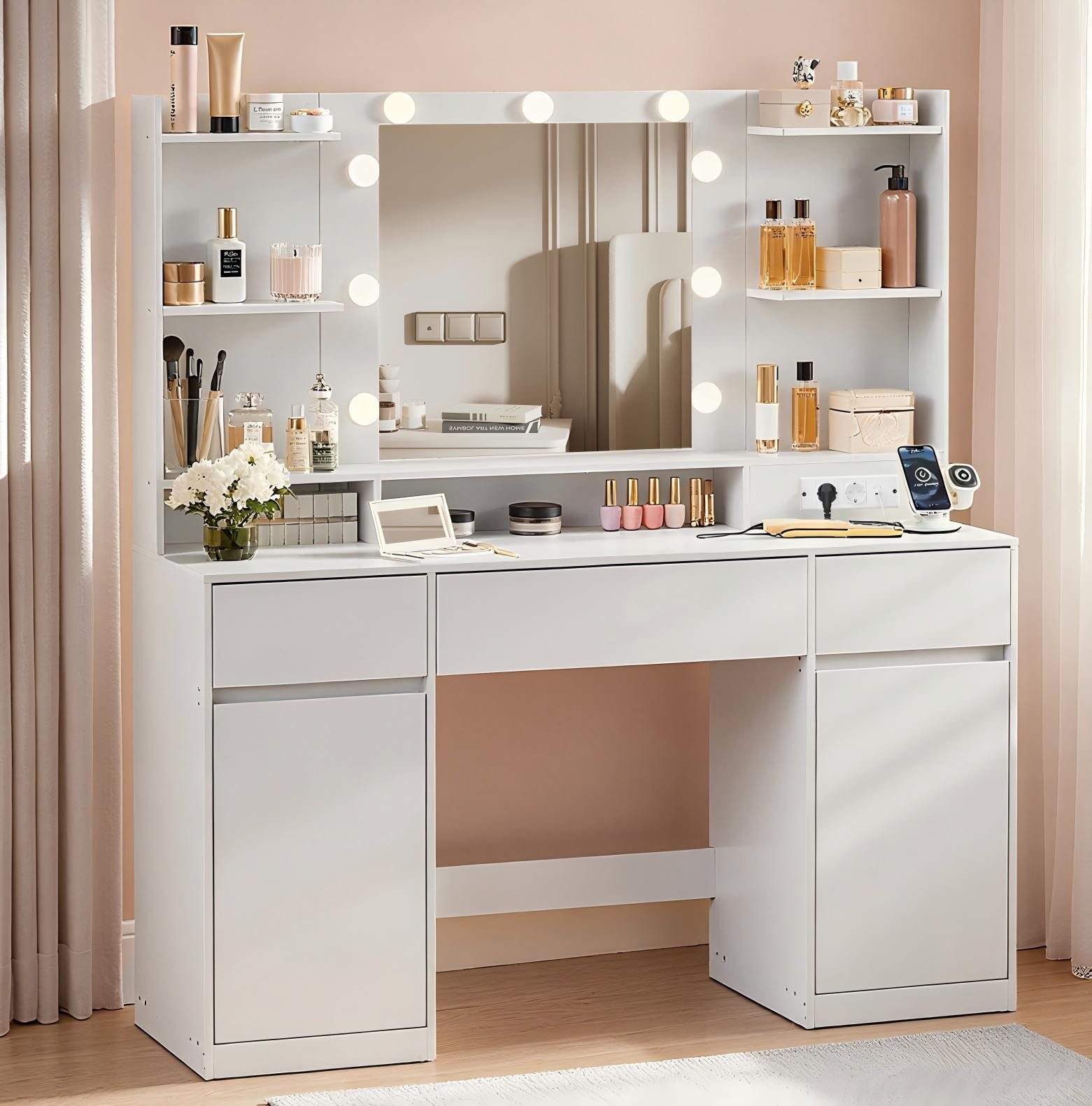 VASAGLE Schminktisch mit Spiegel und LED-Leuchten, Steckdosenleiste, Schubladen (1 Tisch), 2 Schränke, 9 dimmbare Glühbirnen, 3 Lichtfarben, verstellbare Ablagen