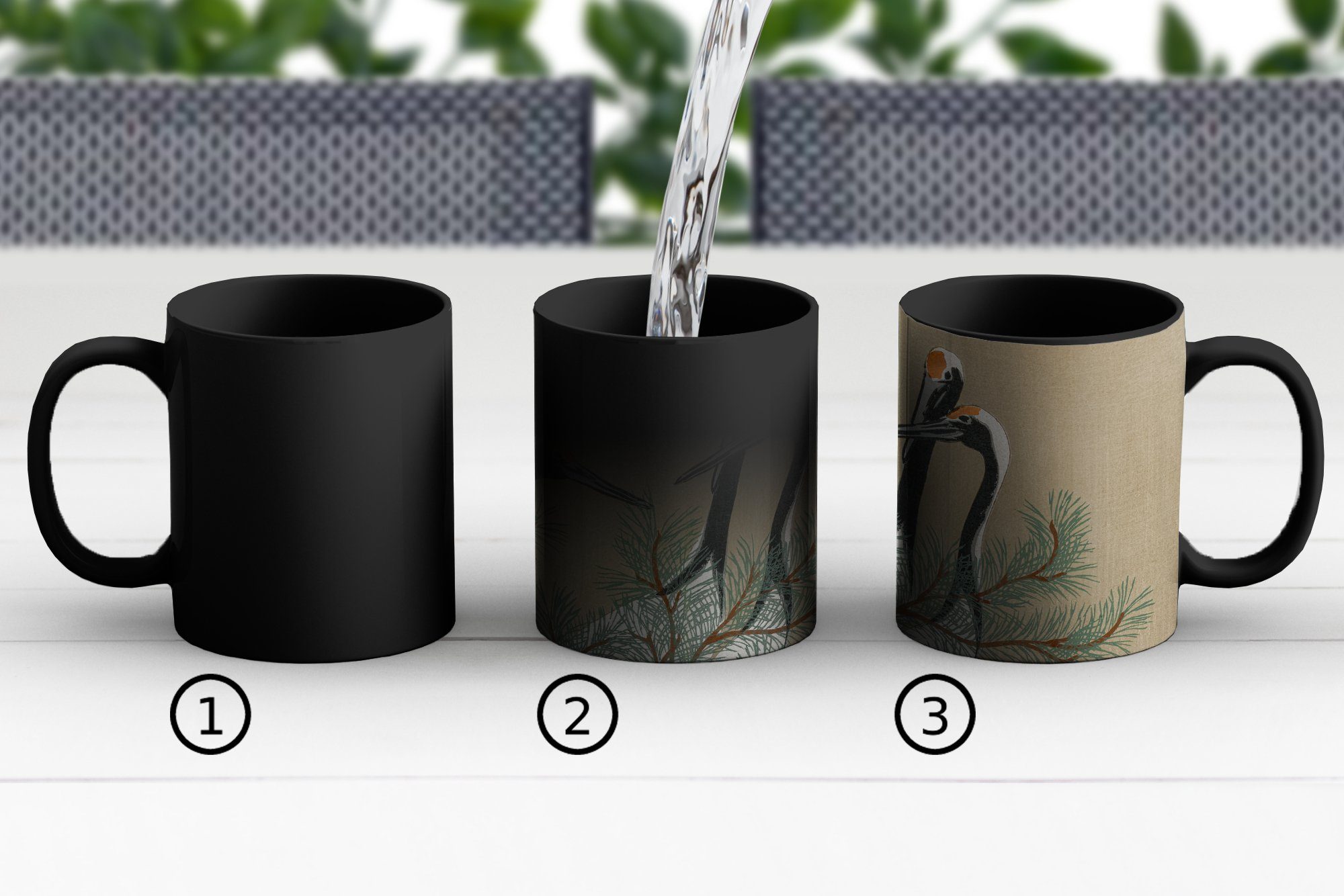 Kranich Farbwechsel, - Teetasse, MuchoWow Keramik, Äste Tasse Kaffeetassen, - Blätter Geschenk Japanisch, - Zaubertasse,