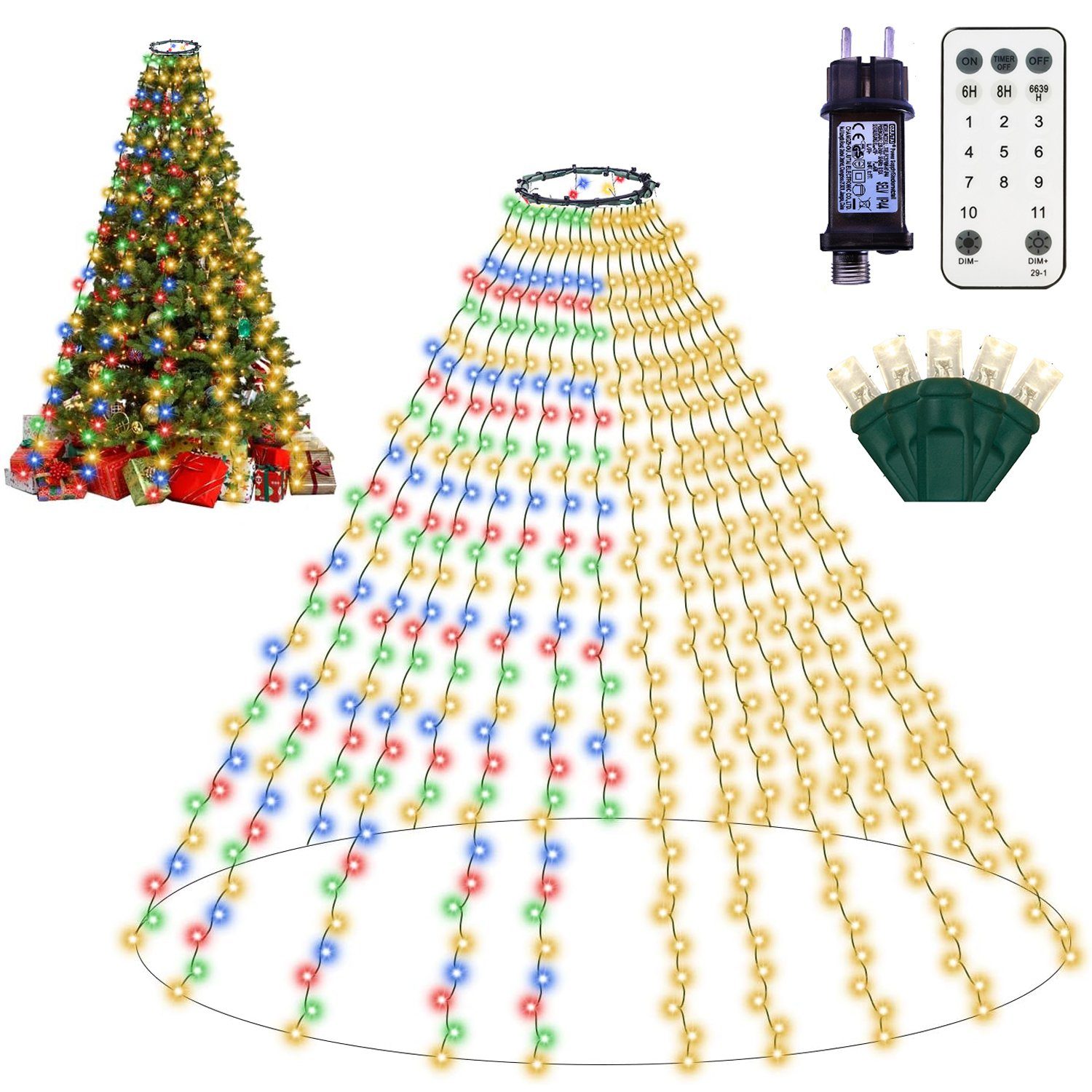 GYLEFY Weihnachtsbaum Lichterkette 2M 400 LED Christbaumbeleuchtung mit  Ring 16 Stränge Lichterkette Innen Außen mit 8 Modi Timer IP65 Wasserdicht  LED Dekor (Warmweiß) : : Beleuchtung