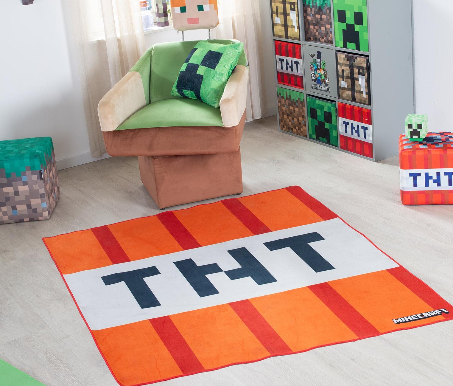 Minecraft Teppich 120 x 120 cm - Creeper oder TNT Design, Quadratisch, Höhe: 20 mm, aus strapazierfähigem Polyester - Für Minecraft Fans