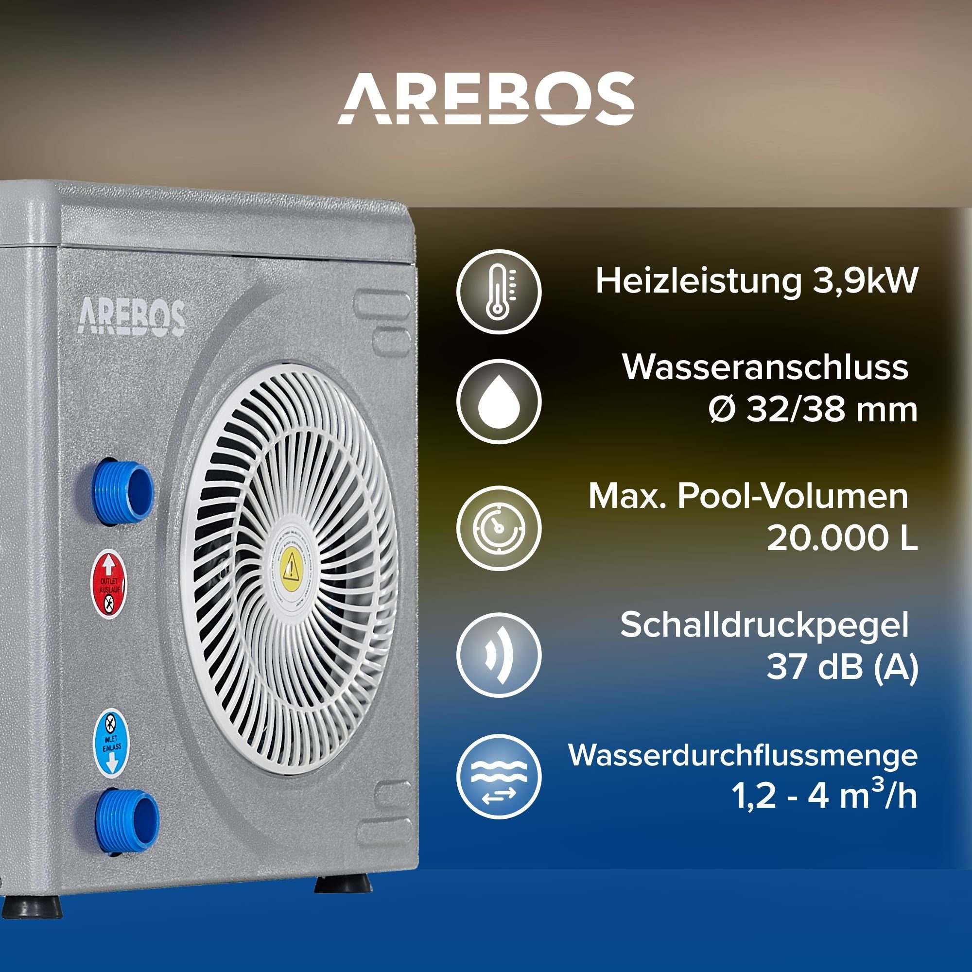 Poolheizung 3,9kW) 3,9 Wärmetauscher Mini Arebos Luft Pool-Wärmepumpe Wärmepumpe Wasser (Stück, kW