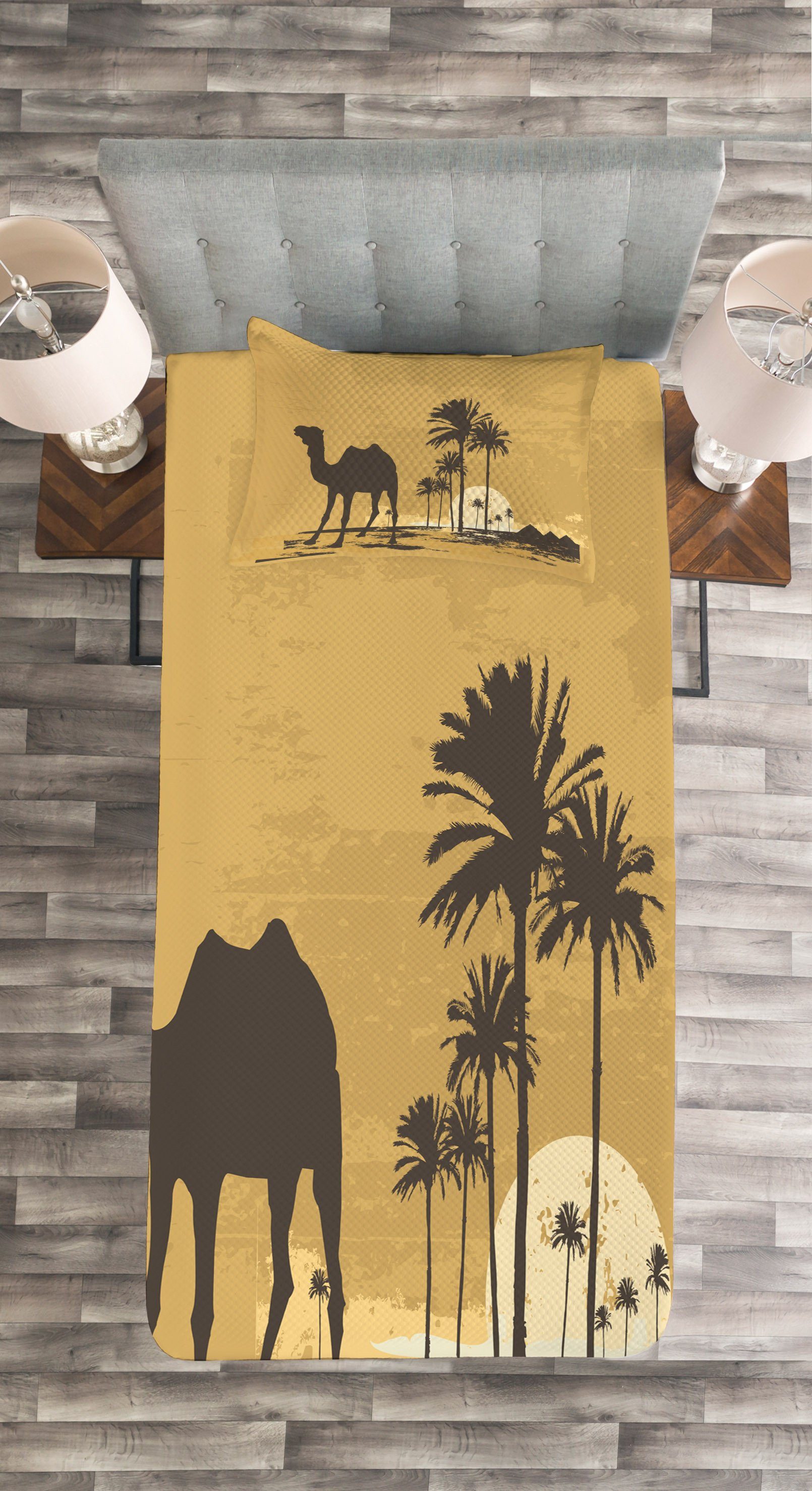 Tagesdecke Set mit Abakuhaus, Waschbar, und Düne Camel Sonnenuntergang Palmen Kissenbezügen