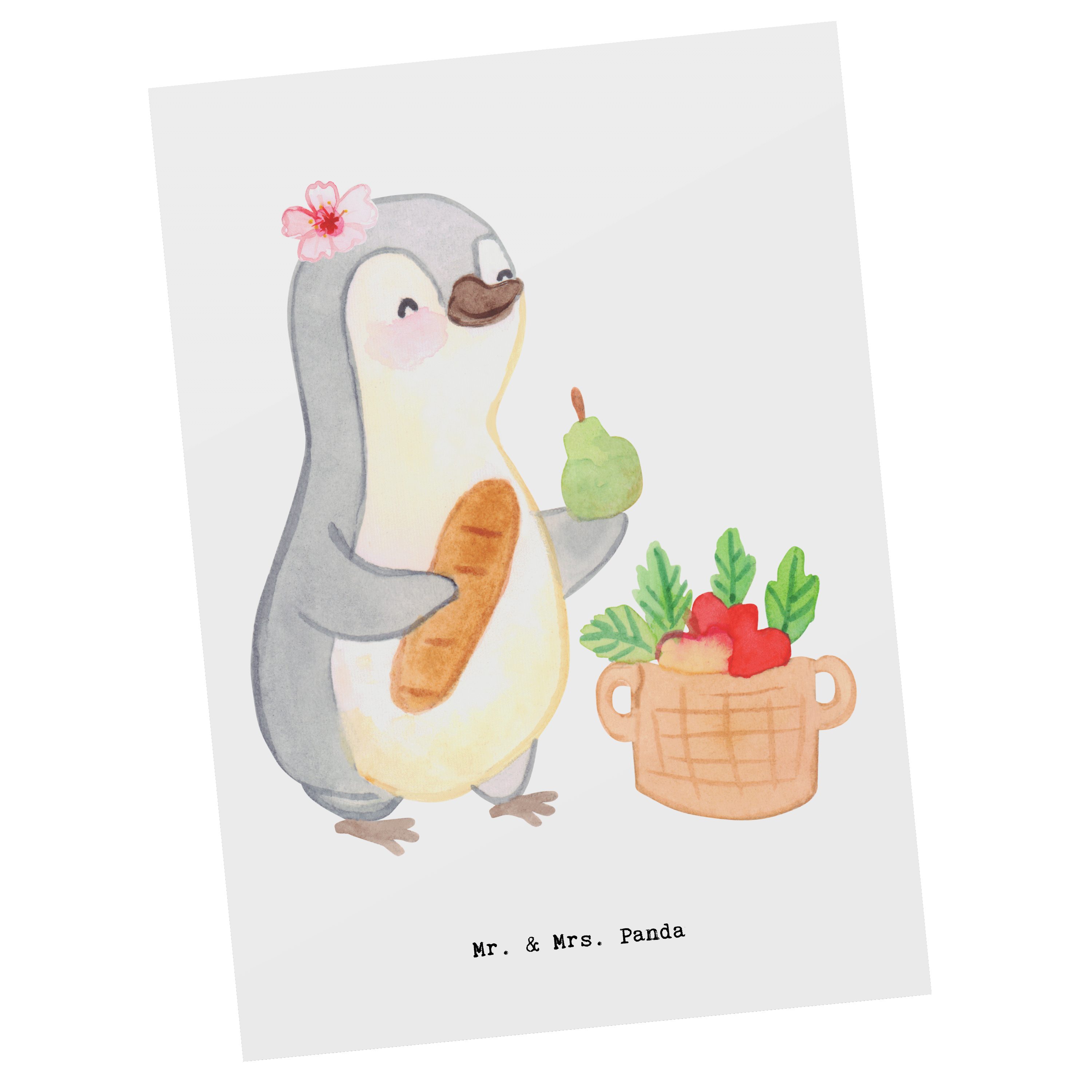 Mr. & Mrs. Panda Postkarte Obsthändlerin Herz - Weiß - Geschenk, Obst- und Gemüsehändlerin, Gebu, Matt Rückseite