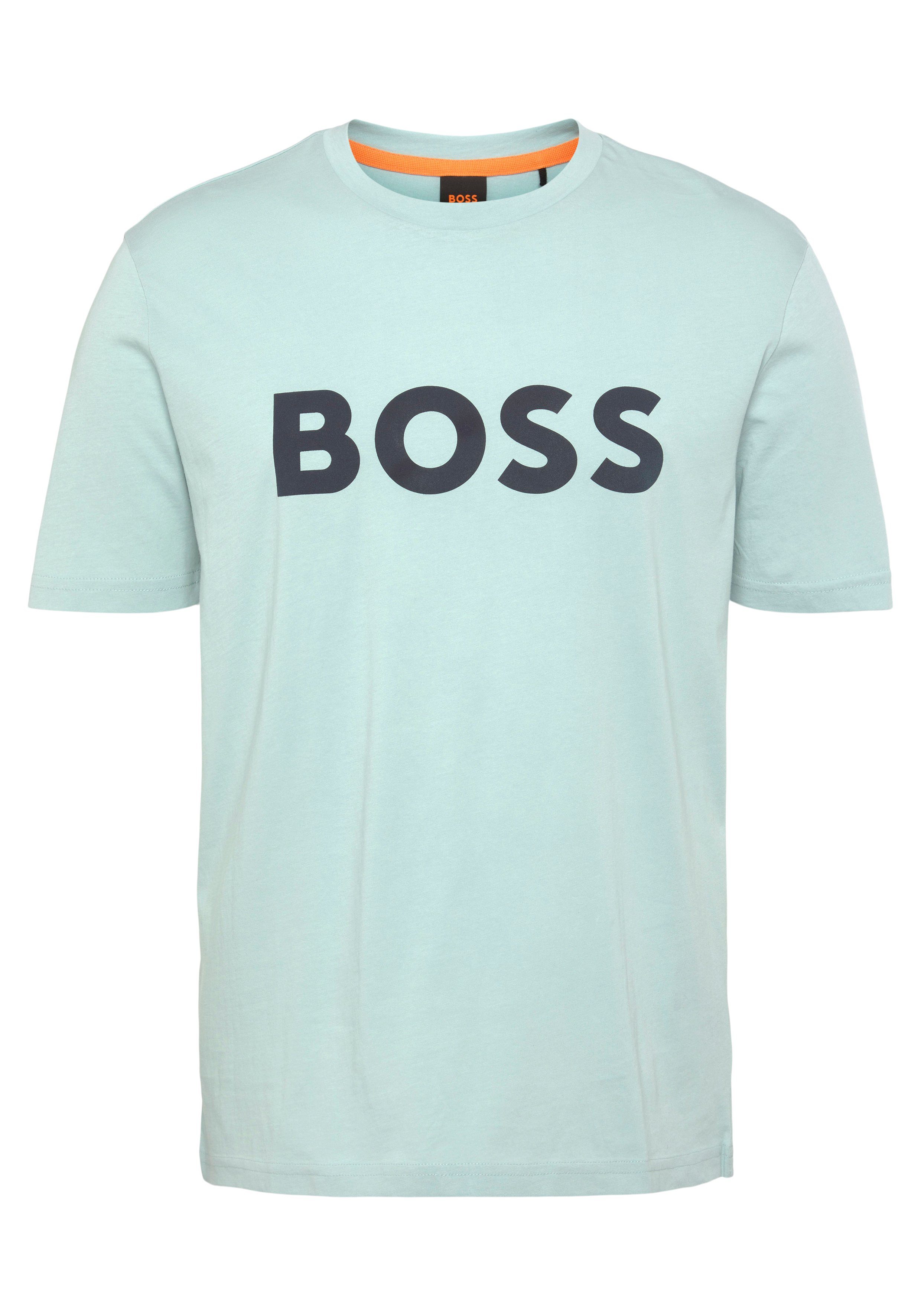 BOSS ORANGE T-Shirt Thinking 1 10246016 01 mit großem BOSS Druck auf der Brust Light/Pastel Green335