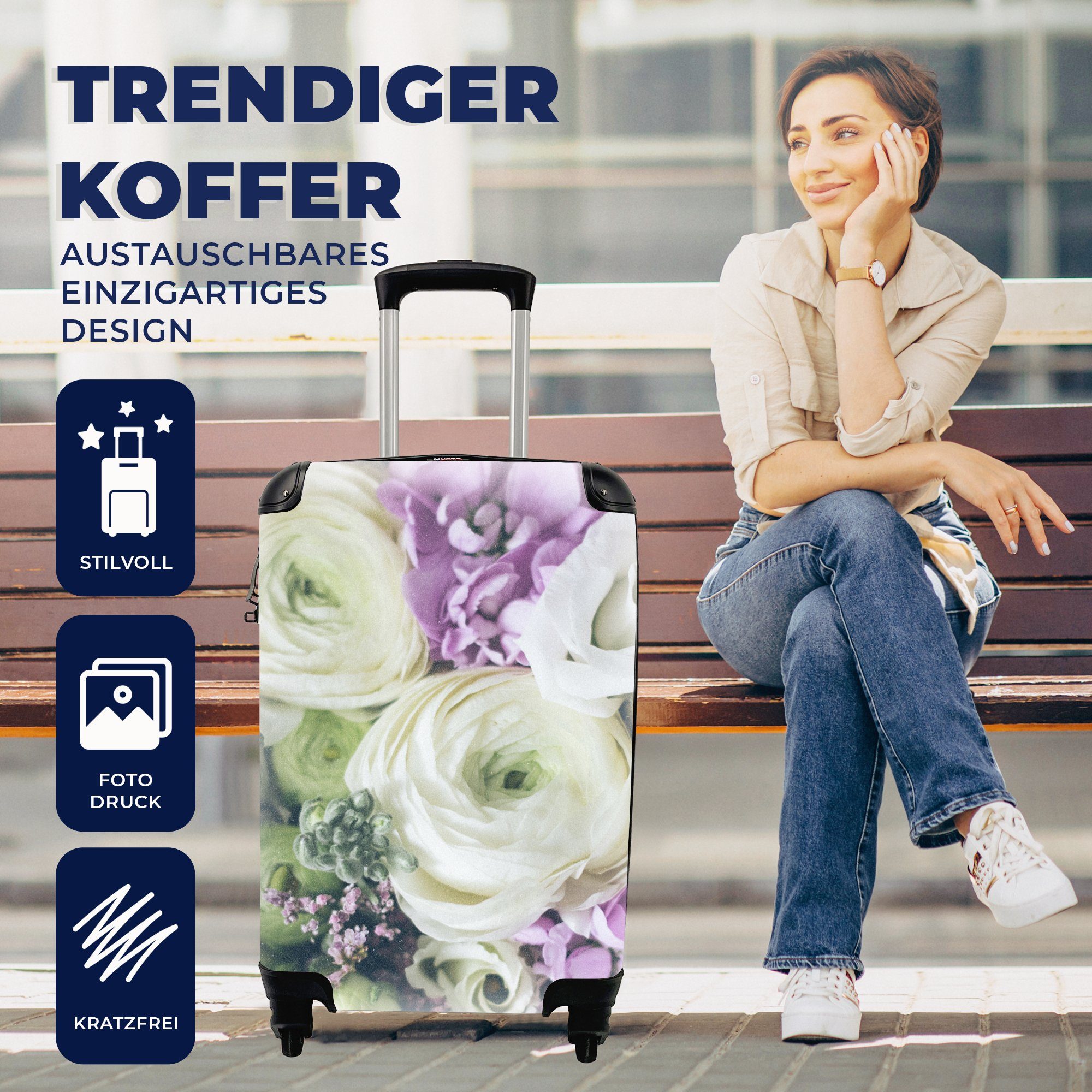 MuchoWow Handgepäckkoffer Blumen - 4 für Reisetasche Rosen - Natur, Rollen, Handgepäck Reisekoffer Trolley, Ferien, rollen, mit