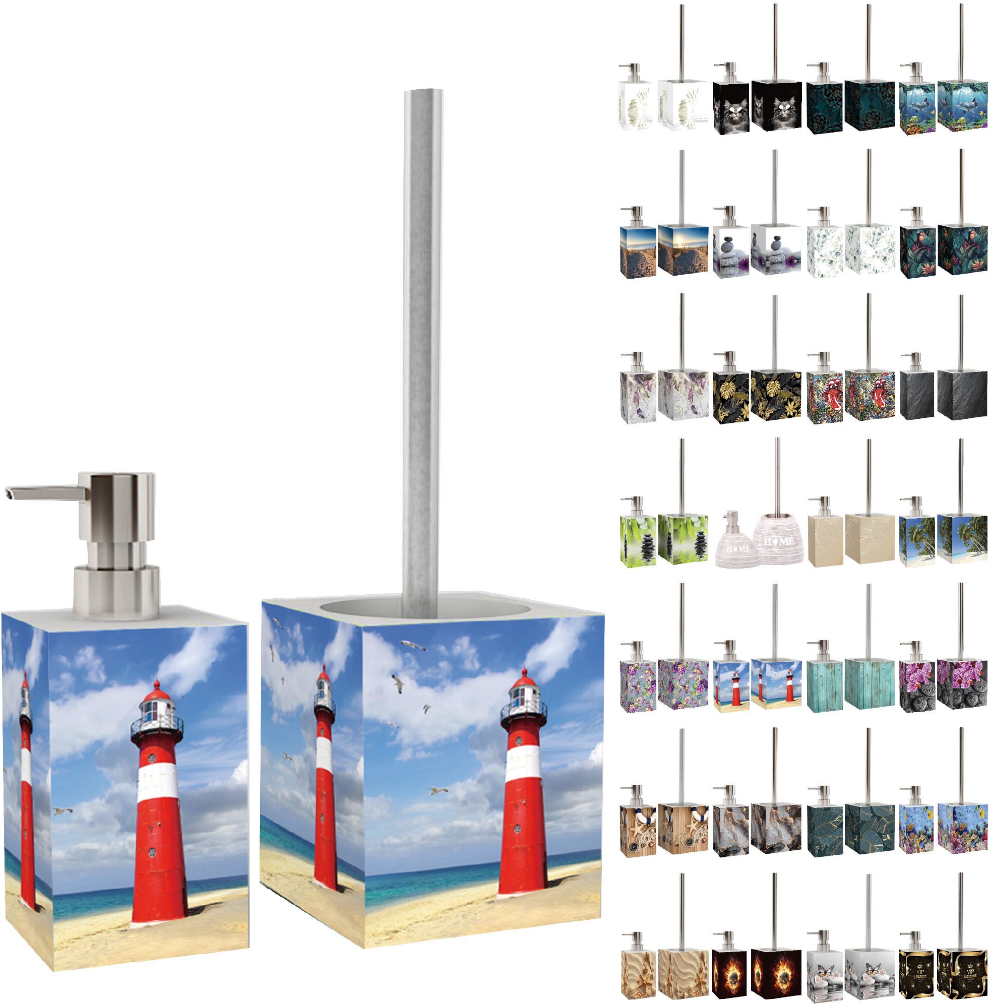 Sanilo Badaccessoire-Set mit Motiv, viele schöne Seifenspender und WC Bürsten zur Auswahl, Klobürste mit auswechselbaren Bürstenkopf, 2 tlg., 2-tlg., Desinfektionsspender mit stabiler Pumpe, hochwertig & modern