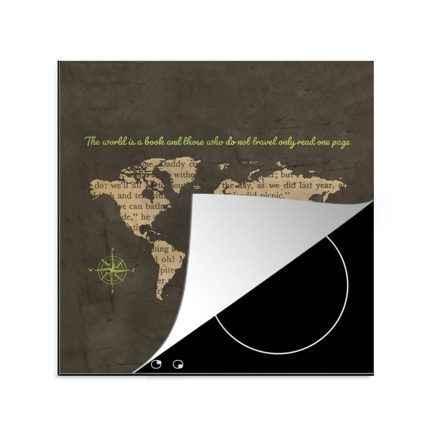 MuchoWow Herdblende-/Abdeckplatte Weltkarte - Briefe - Windrose, Vinyl, (1 tlg), 78x78 cm, Ceranfeldabdeckung, Arbeitsplatte für küche