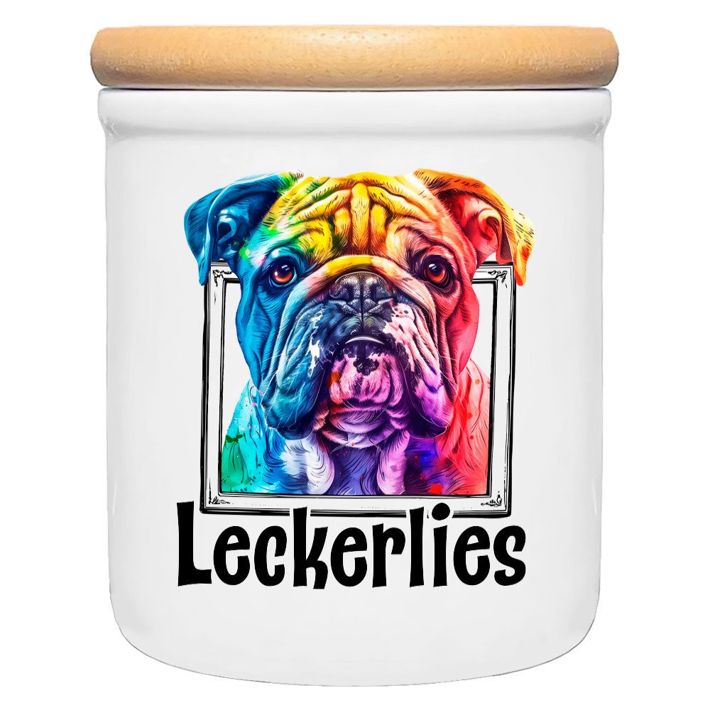 Cadouri Vorratsdose ENGLISCHE BULLDOGGE - Leckerlidose Hund - für Hundekekse, Keramik, (Leckerlidose mit Hunderasse, 2-tlg., 1x Keramikdose mit Holzdeckel), Hundekeksdose, handgefertigt in Deutschland, für Hundebesitzer, 400 ml