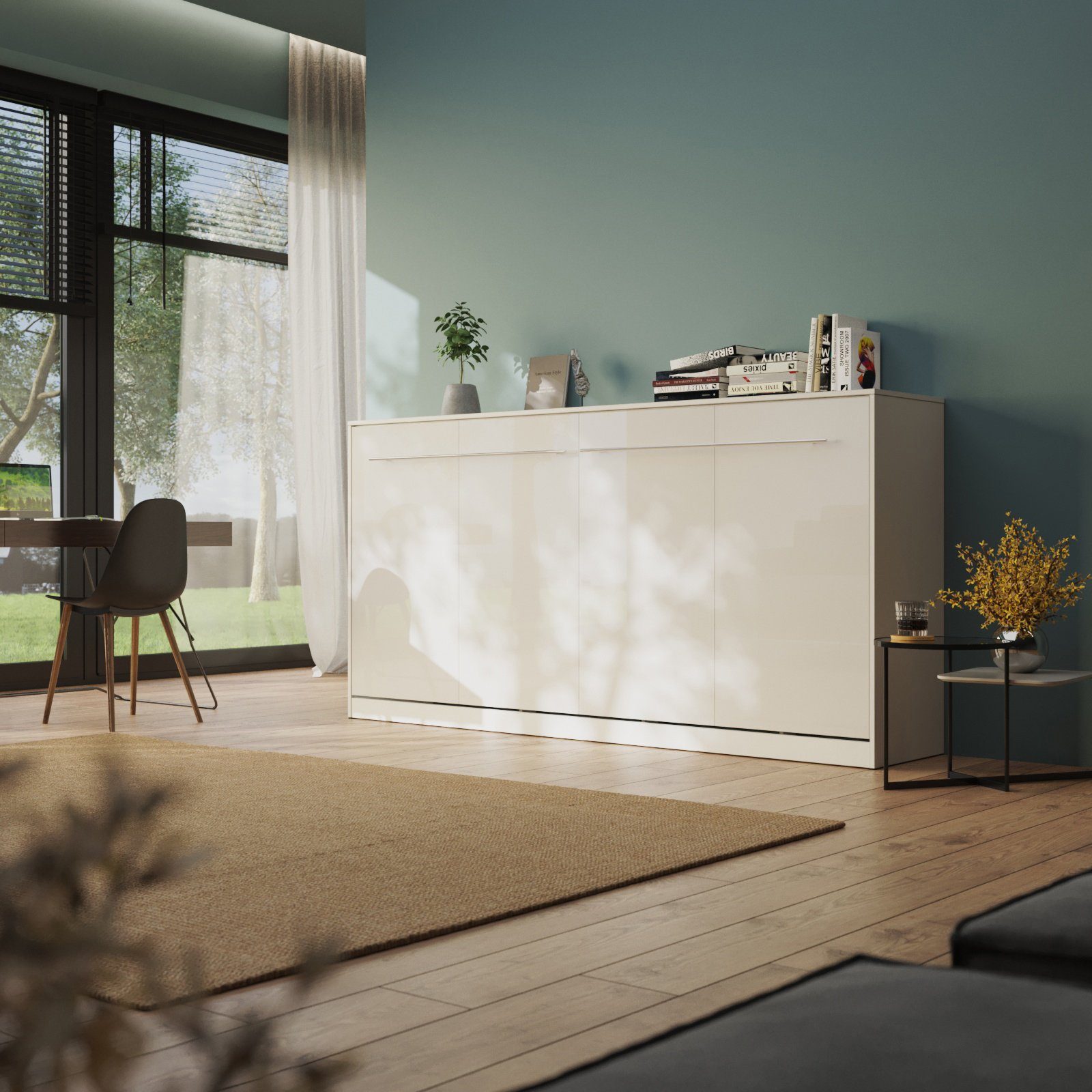 SMARTBett Schrankbett Standard 90x200 cm, 120x200 cm, 140x200 cm Weiß/ Weiß Hochglanzfront horizontal/ quer, Gasdruckfedern