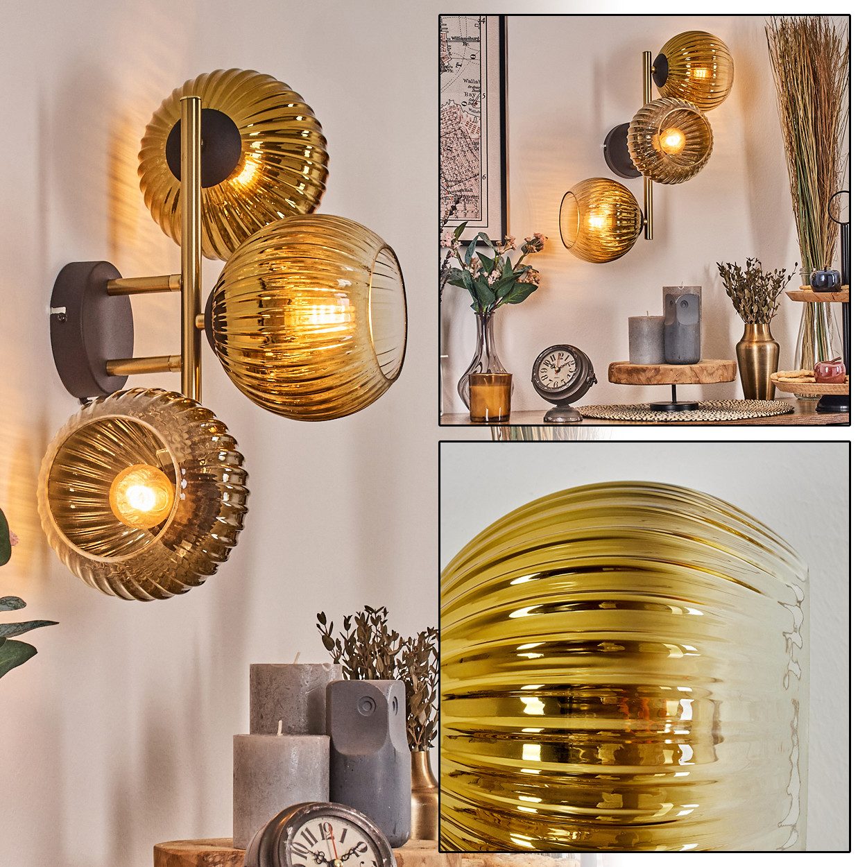 hofstein Wandleuchte Wandlampe aus Metall/Riffelglas in Schwarz/Goldfarben/Klar, moderne Wandleuchte im Retro/Vintage-Design (Schirme 15 cm), E14