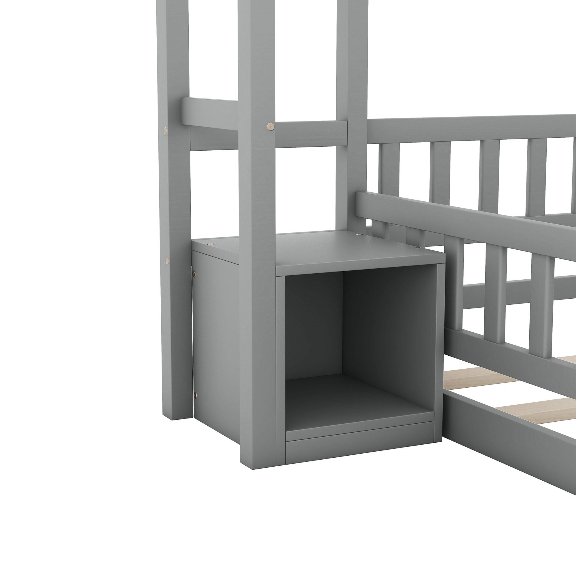Nachttisch Lattenrost 140x200cm und Massivholzbett grau Flieks Kinderbett, mit Hausbett