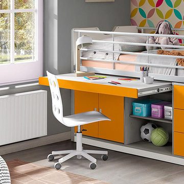 Lomadox Hochbett 90x200cm, mit ausziehbarem Schreibtisch und Stauram, weiß/orange