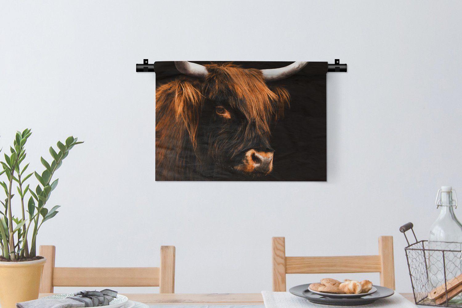 - Wandbehang, Wohnzimmer, MuchoWow - - Schwarz Wanddeko Tiere, Horn Schlafzimmer, Wanddekoobjekt Kleid, Kuh Highlander - für Schottischer Kinderzimmer