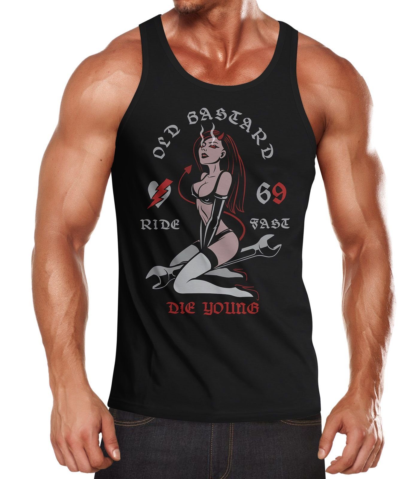 Tanktop Herren Tank-Top Pin up Girl Racing Design Ride Fast Die Young Schriftzug Muskelshirt Muscle Shirt Neverless®