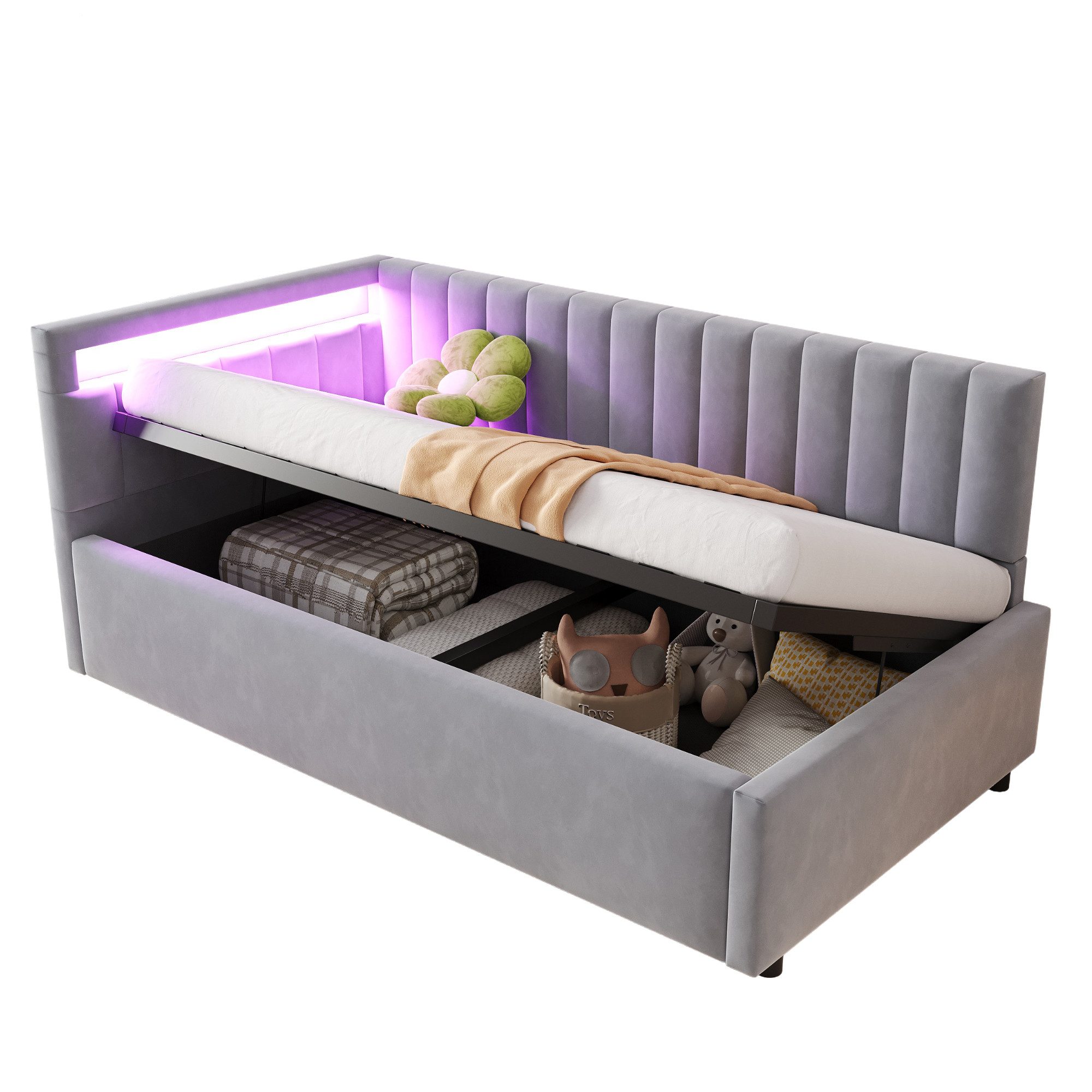 KLAM HOME Schlafsofa Polsterbett, 90x200cm, mit LED-Beleuchtung und hydraulischem Stauraum, klassisches vertikales Streifendesign, mit Lattenrost, Samtstoff, Beige, ideal für Wohn- und Schlafzimmer gleichermaßen
