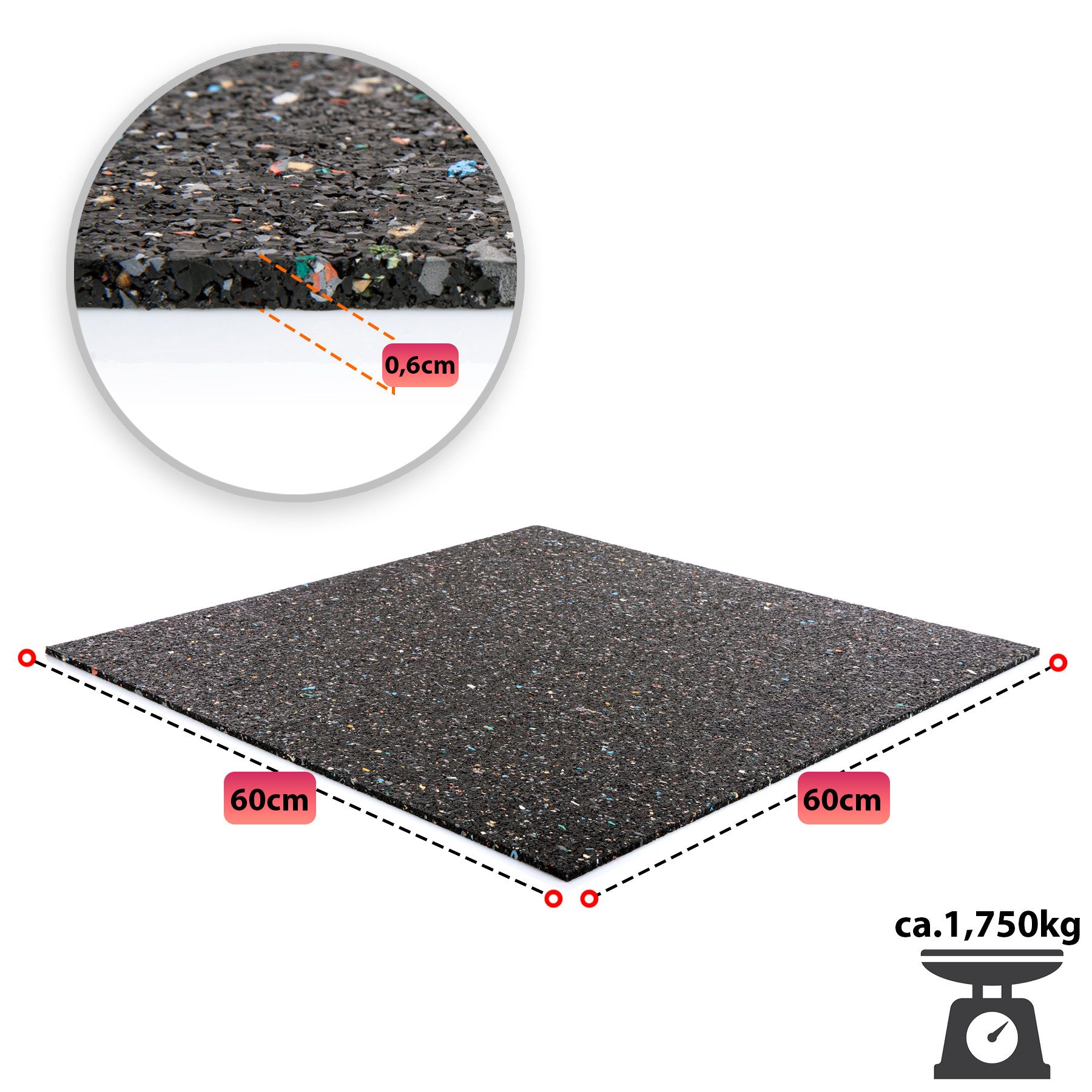 BigDean Gummimatte Antivibrationsmatte – Gummigranulat-Unterlage 60x60cm, Stück, 1-St., Gummimatte, Antivibration, schalldämmend, rutschfest und wasserfest