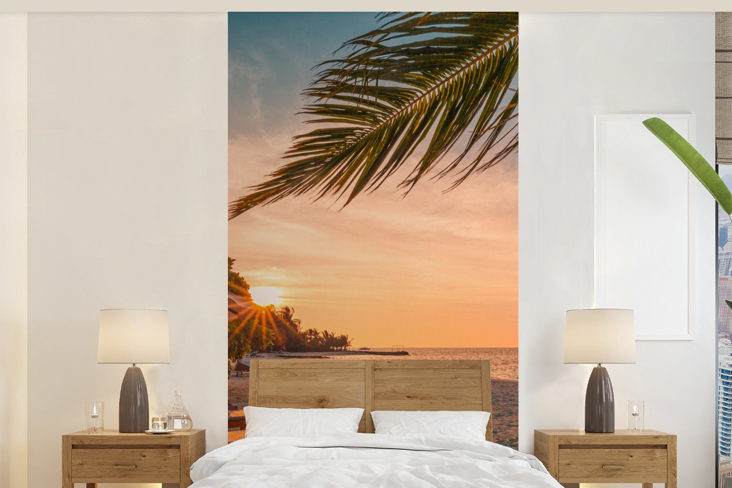 MuchoWow Fototapete Strand - Strandkorb - Sonnenuntergang, Matt, bedruckt, (2 St), Vliestapete für Wohnzimmer Schlafzimmer Küche, Fototapete