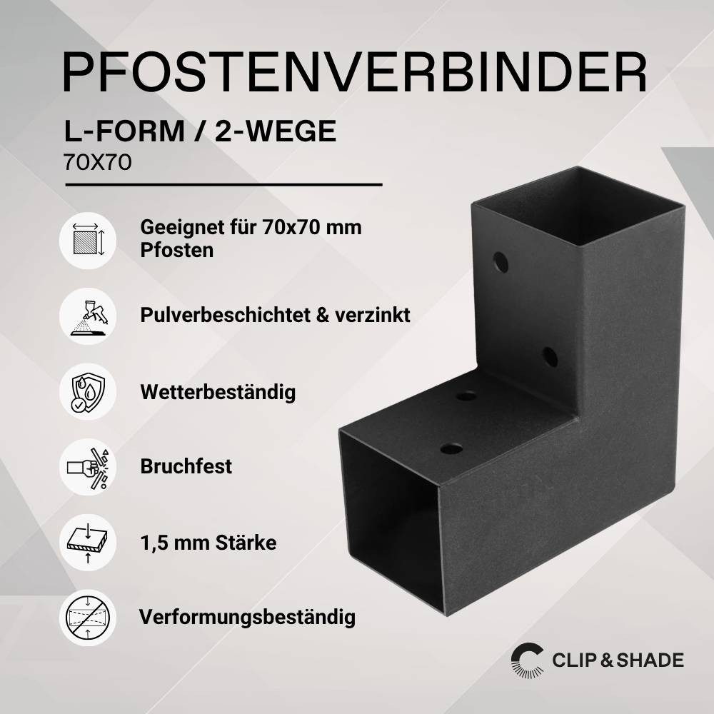 CLIP & SHADE Pfostenbeschlag Pfostenbeschlag Pfostenverbinder für 70x70 mm Eckverbinder, Pulverbeschichtete 2mm starke Stahlkonstruktion