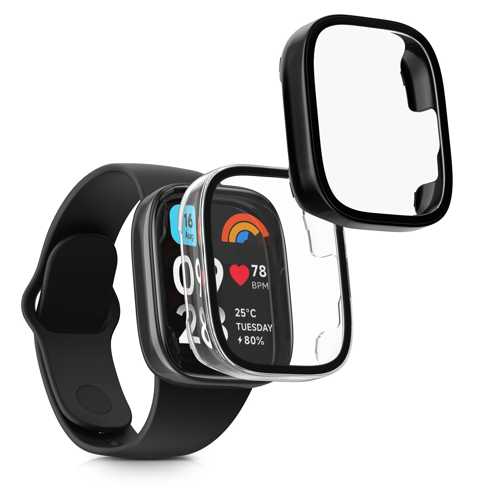 kwmobile Smartwatch-Hülle 2x Glas Hülle für Xiaomi Redmi Watch 3 Active / Redmi Watch 3 Lite, Schutzhülle Fullbody Fitnesstracker Case Set aus Glas