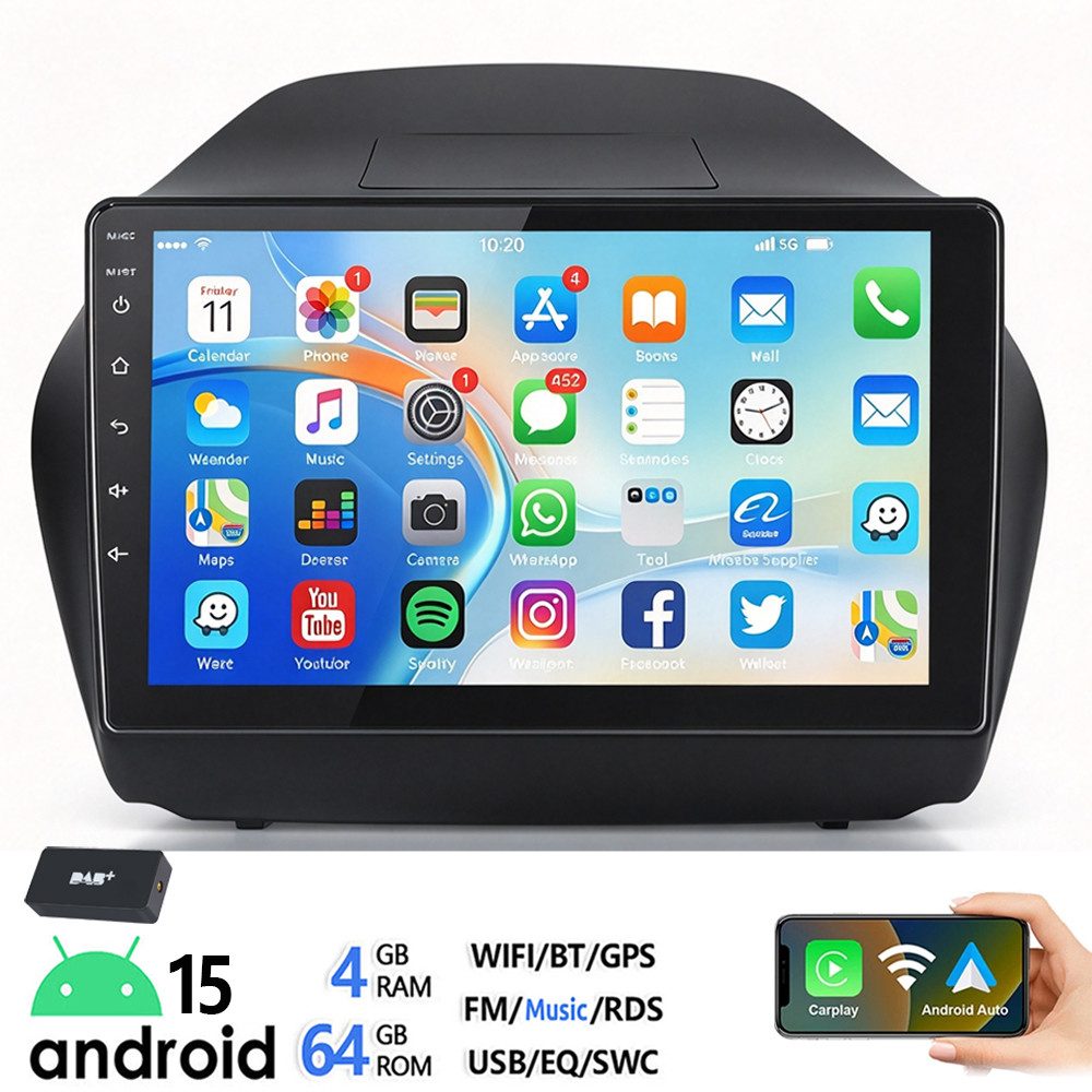 ESSGOO DAB+ 10'' Android 15 Für Hyundai iX35 2010-15 Carplay GPS Navi WIFI FM Autoradio (RDS, 4+64GB(optional), FM, GPS, DAB+ (optional), WIFI, Apple Carplay Android Auto GPS Navi WIFI BT EQ)