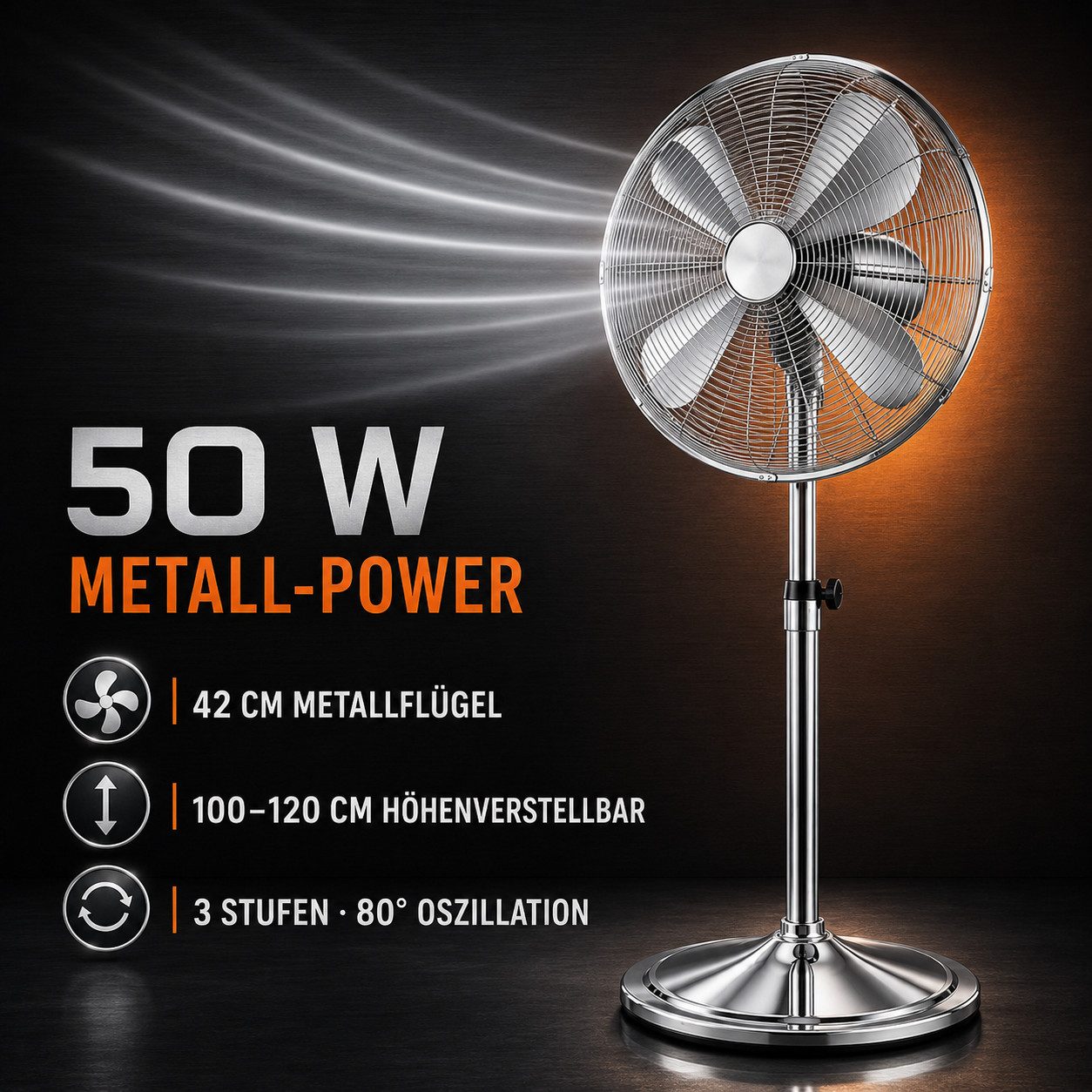 Ertex Standventilator Standventilator EDELSTAHL Ventilator Kühler 50W Standventilator 120cm