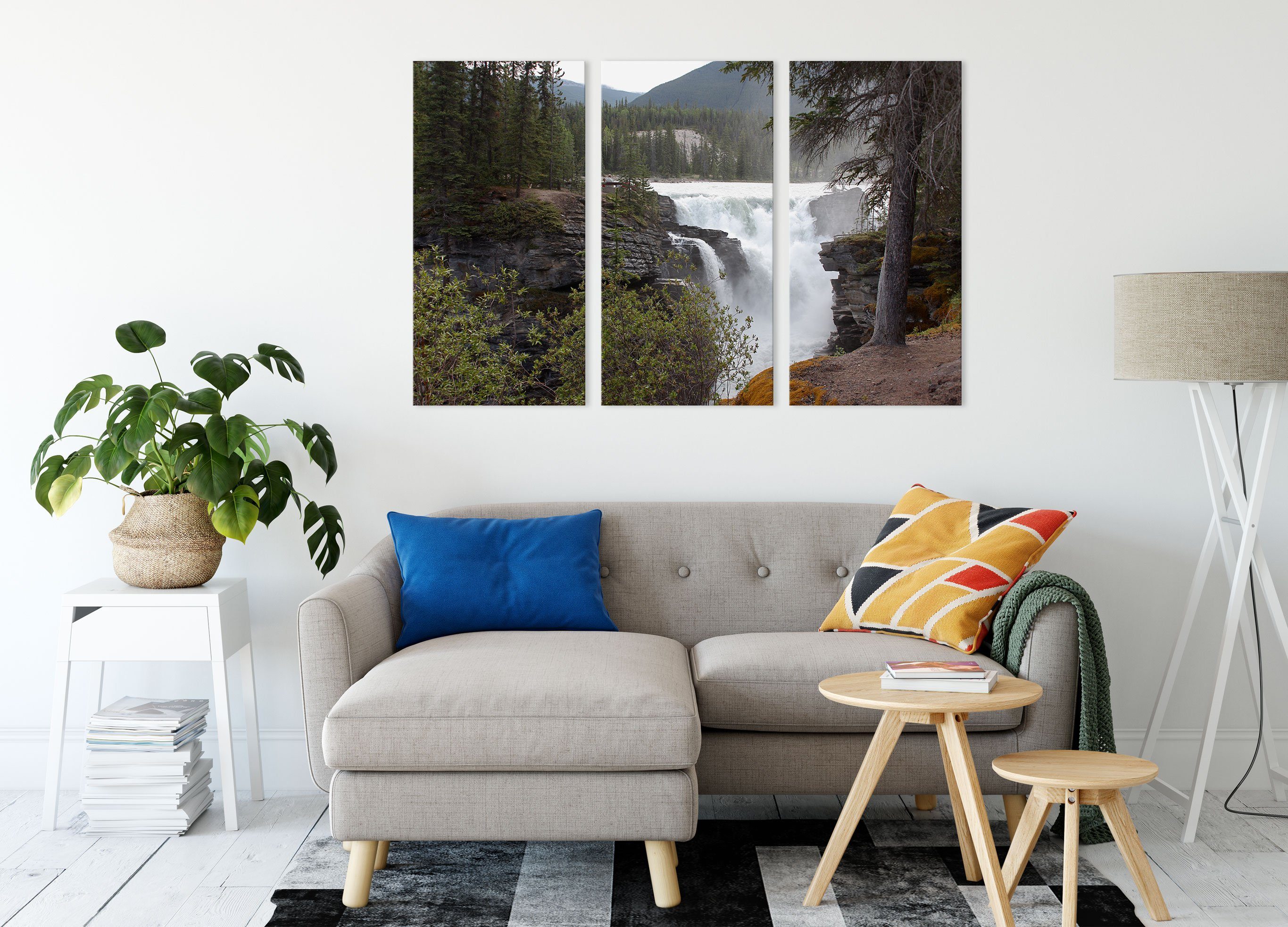 (120x80cm) bespannt, 3Teiler (1 inkl. Wasserfälle Leinwandbild Wald, im Wasserfälle Zackenaufhänger Pixxprint Wald im St), fertig Leinwandbild